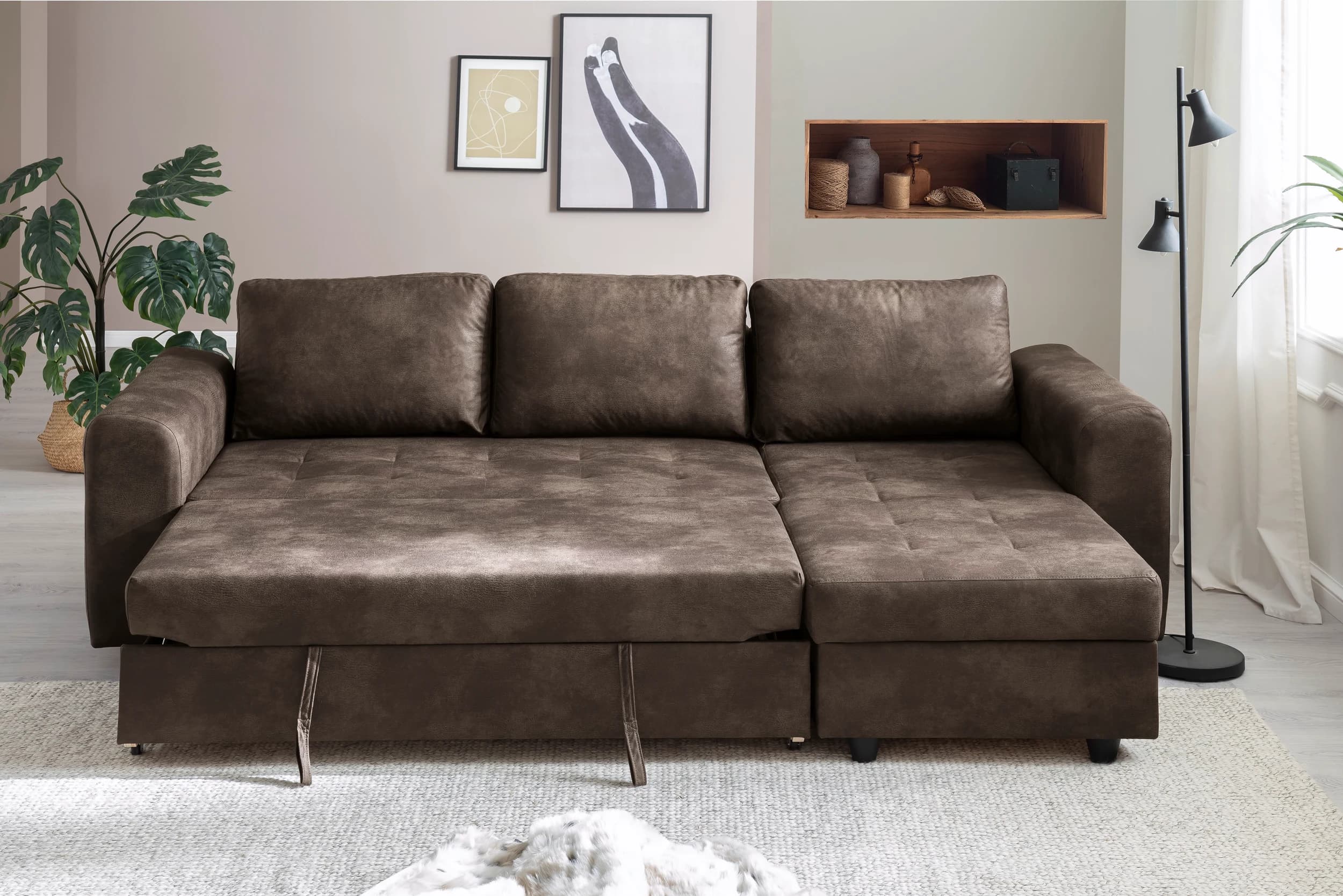 Ecksofa - 2-Sitzer, Ecke rechts, Stoff, Dunkelbraun