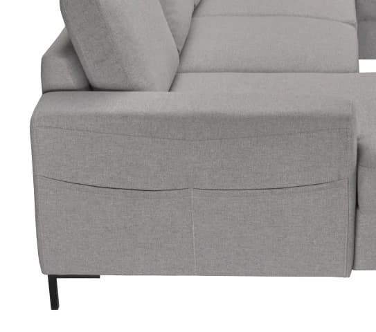 Wohnlandschaft - Longchair links mit 2-Sitzer und Ecke rechts, Schlaffunktion mit Bettkasten, Stoff, Hellgrau