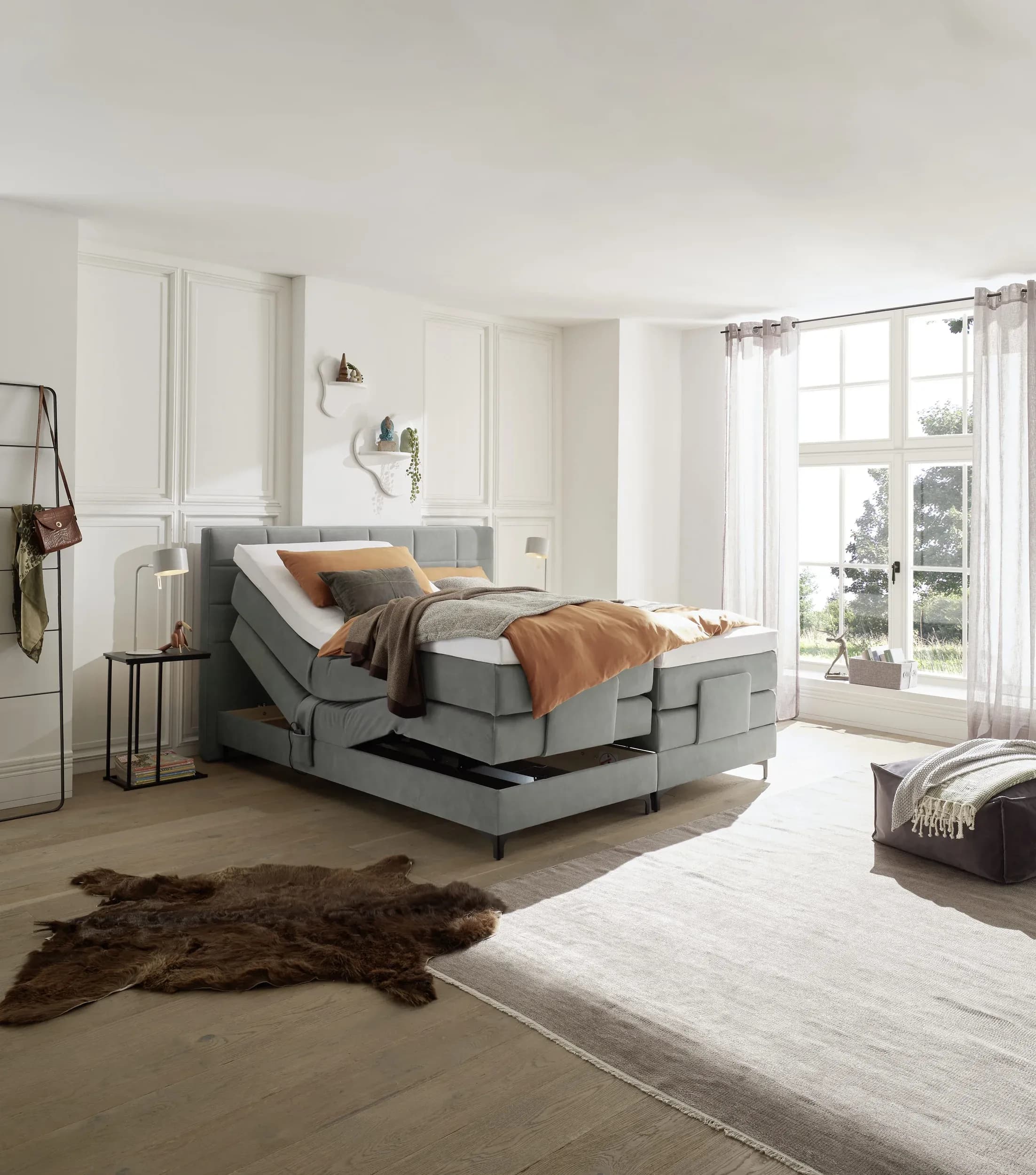 Boxspringbett EM Mirano - mit Motor, Matratze, Topper, Liegefläche ca. 180x200 cm, Stoff, Grau