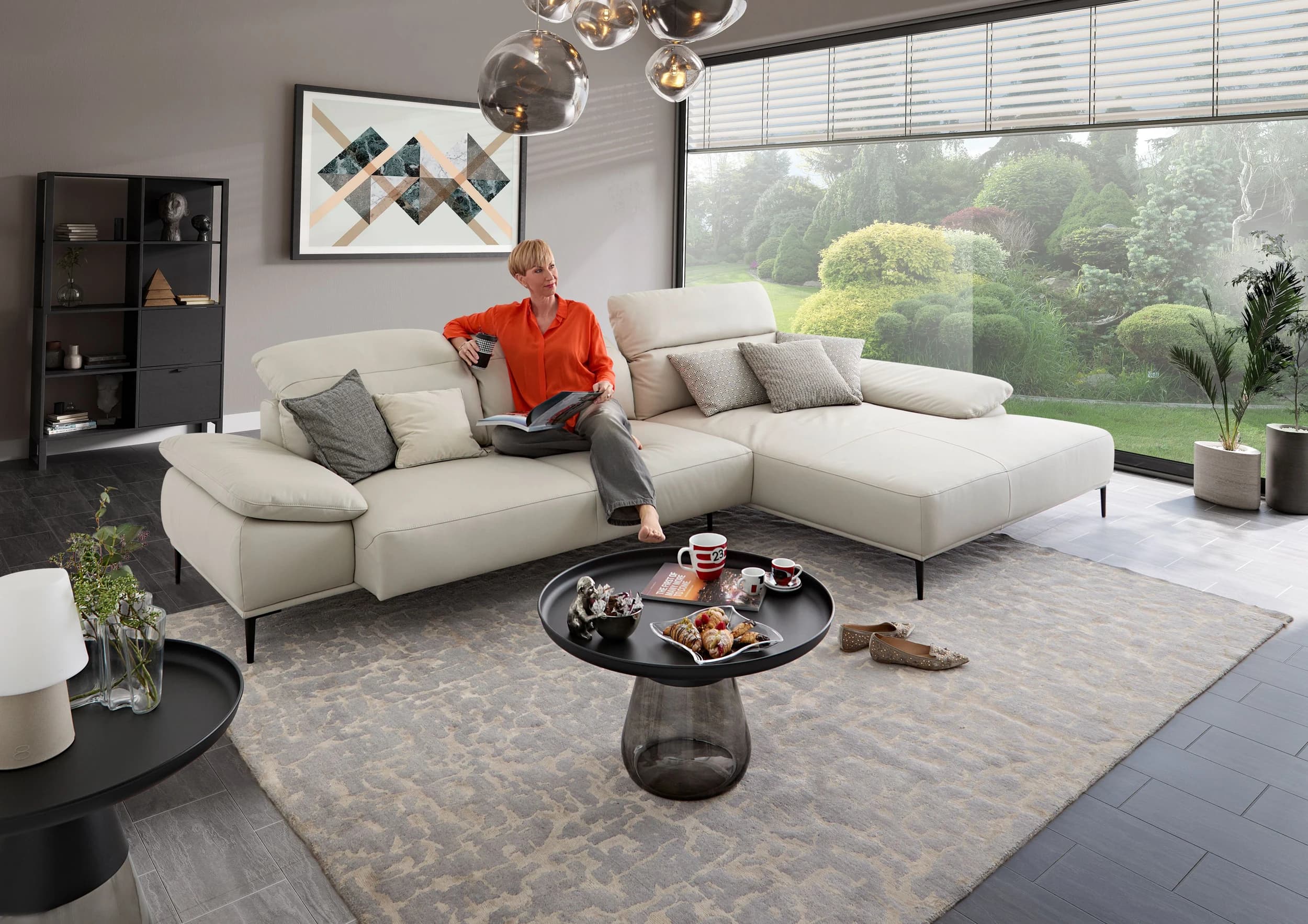 Ecksofa - 3-Sitzer mit Longchair rechts, Leder, Grau