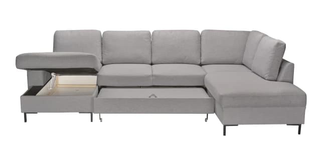 Wohnlandschaft - Longchair links mit 2-Sitzer und Ecke rechts, Schlaffunktion mit Bettkasten, Stoff, Hellgrau