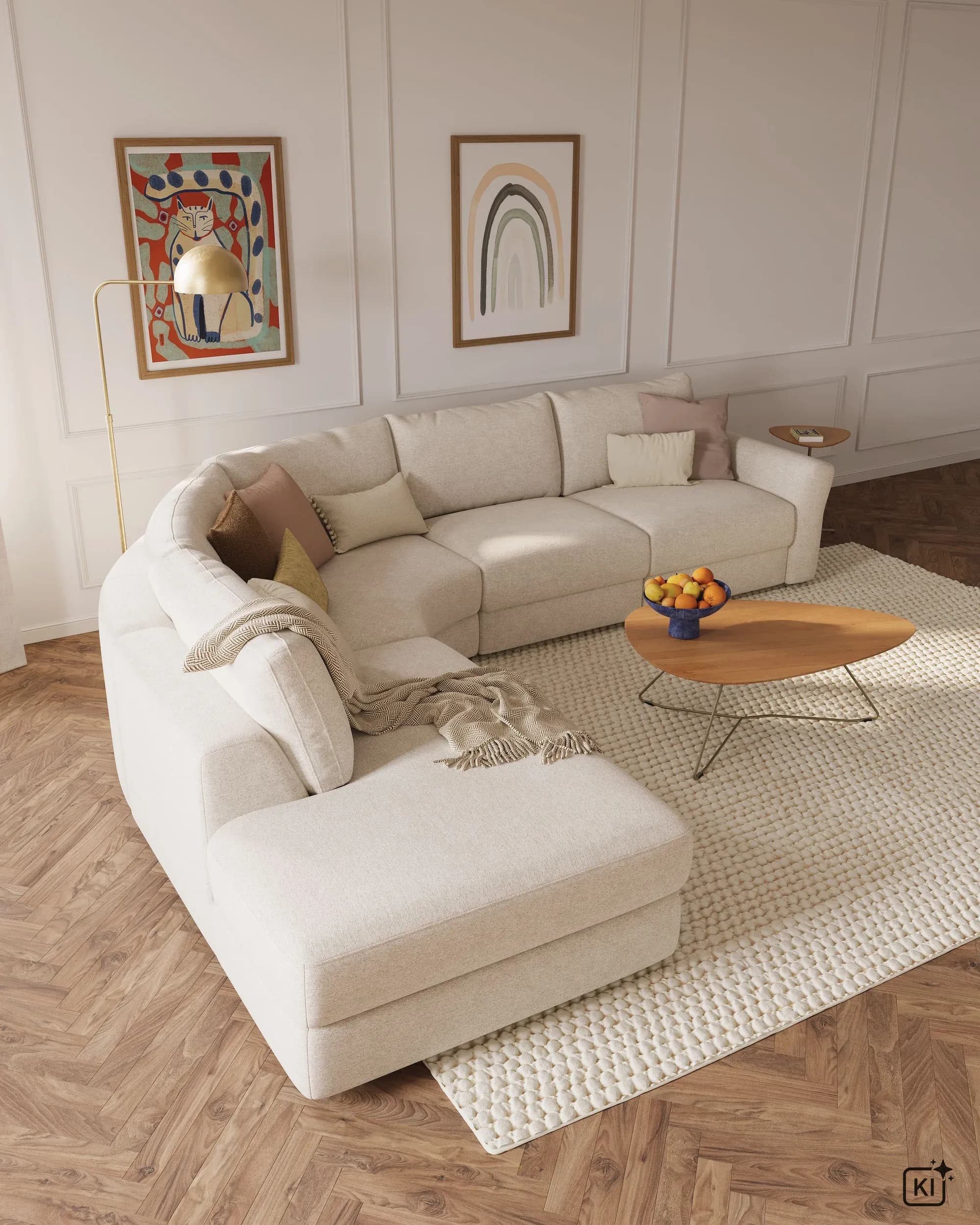 Ecksofa Almeria - Rundecke und Abschlussteil mit 2-Sitzer rechts, Stoff, Offwhite