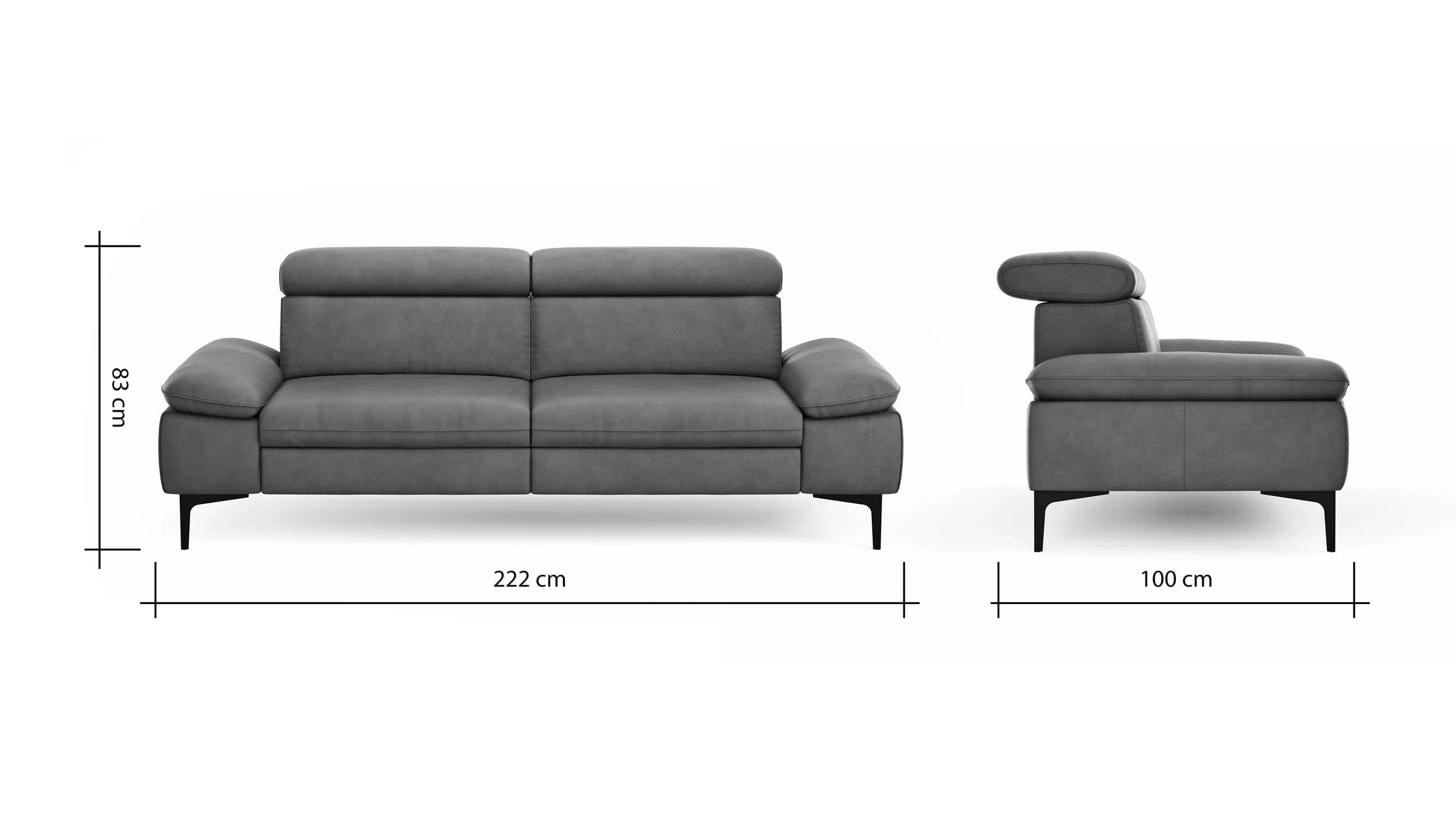 Sofa Felipa - 3-Sitzer inkl. Kopfteil verstellbar, Leder, Grau