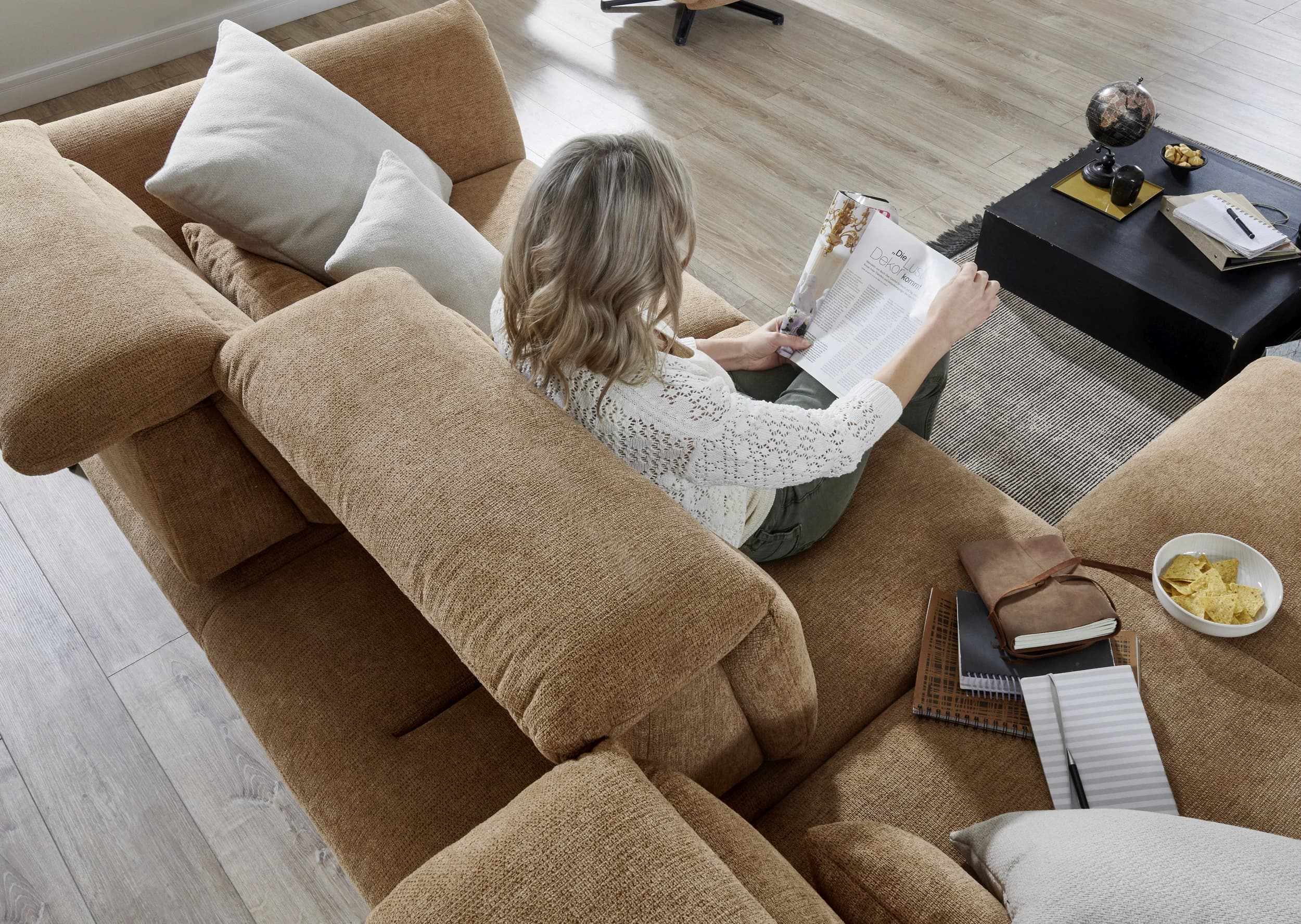 Ecksofa - Longchair links mit 3-Sitzer, Rückenlehne verstellbar, Stoff, Cognac