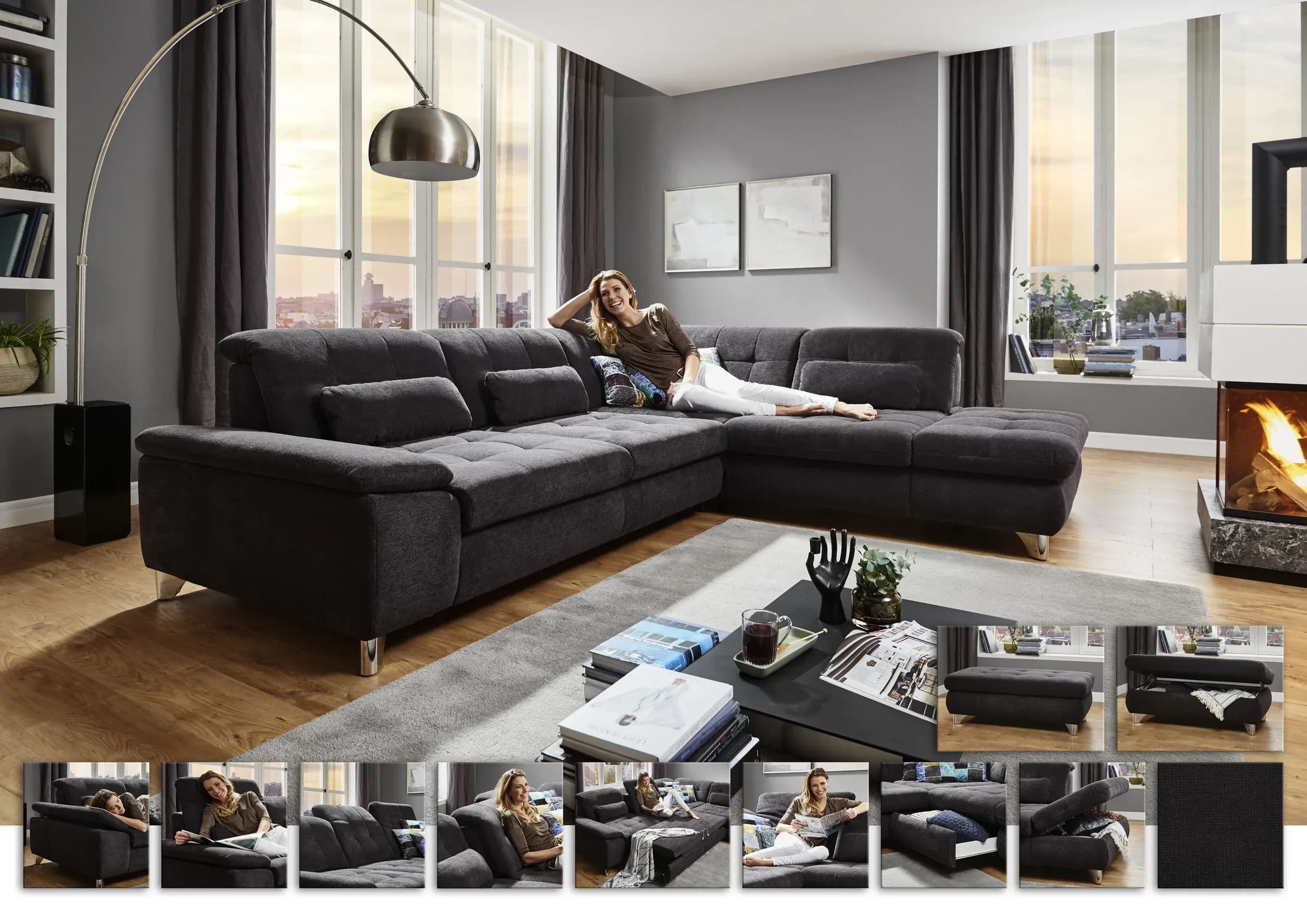 Ecksofa - 3-Sitzer mit Ecke rechts, Sitztiefe verstellbar, Stoff, Schwarz
