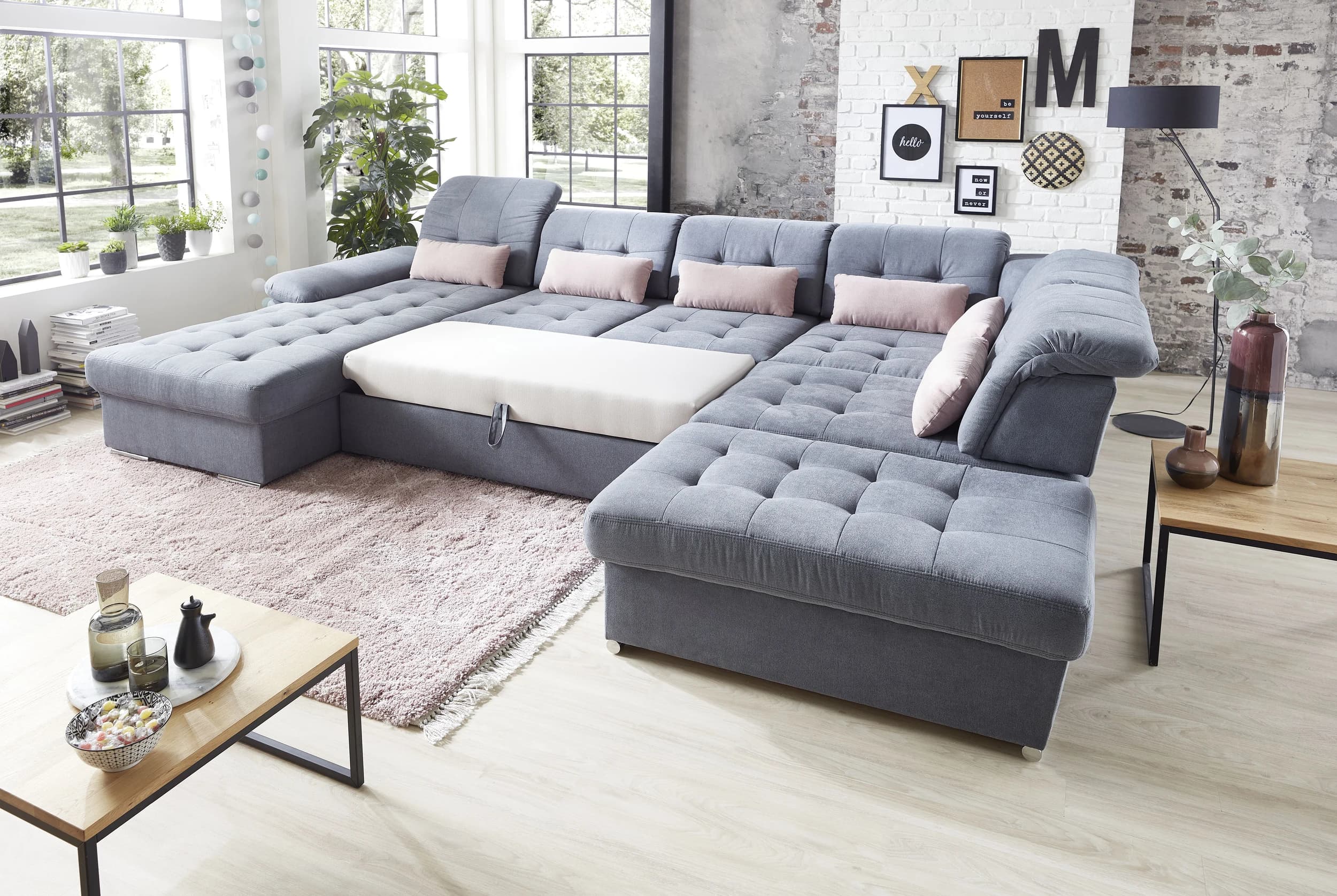Wohnlandschaft - Longchair links, 3-Sitzer, Ecke rechts inkl. Schlaffunktion, Bettkasten, 