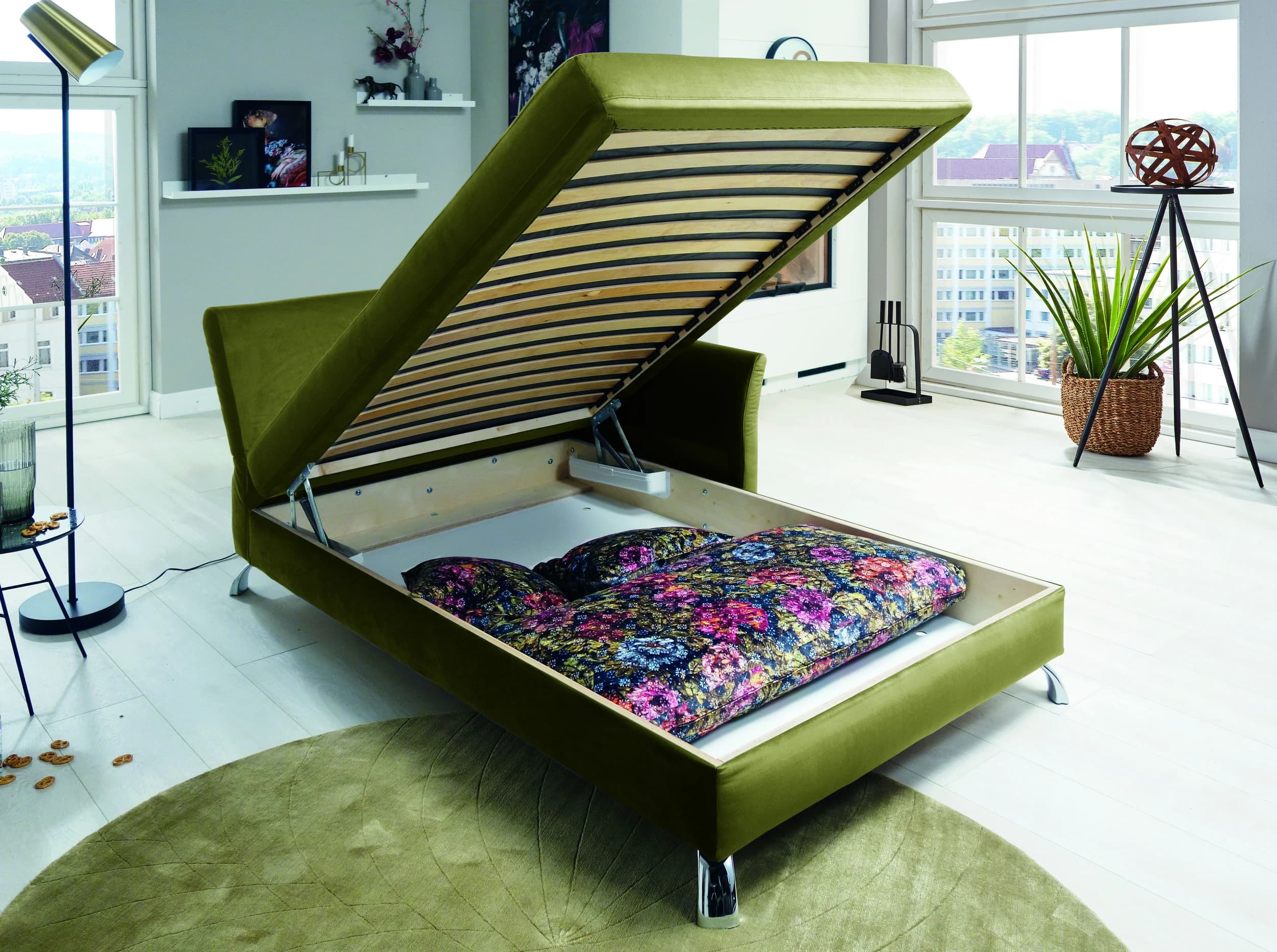 Schlafsofa - inkl. Rückenkissen, Rücken verstellbar (manuell), Bettkasten, Velourstoff, Olive, Blumig