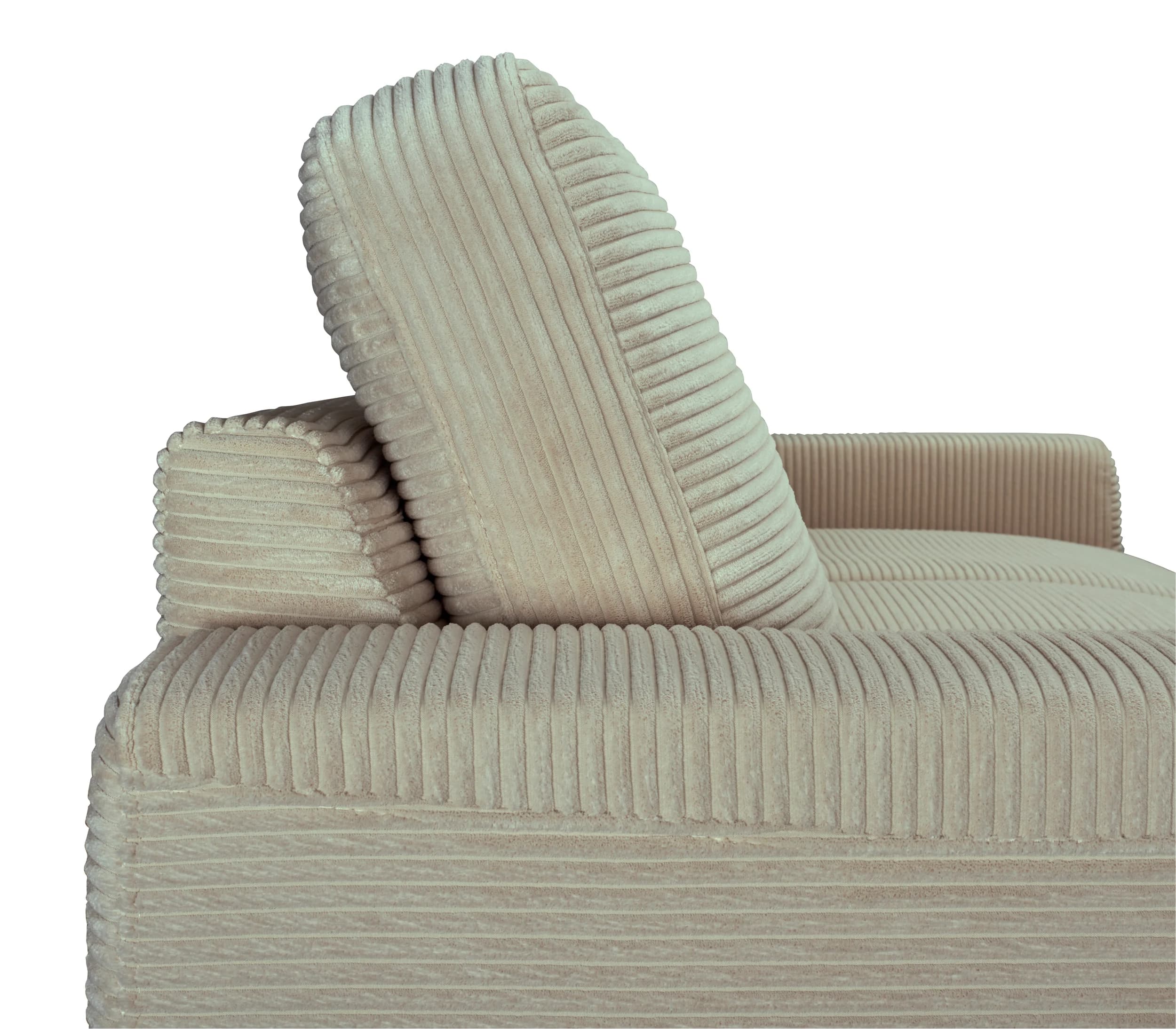 Ecksofa - Longchair links mit 2-Sitzer, Schlaffunktion mit Bettkasten, Stoff, Creme