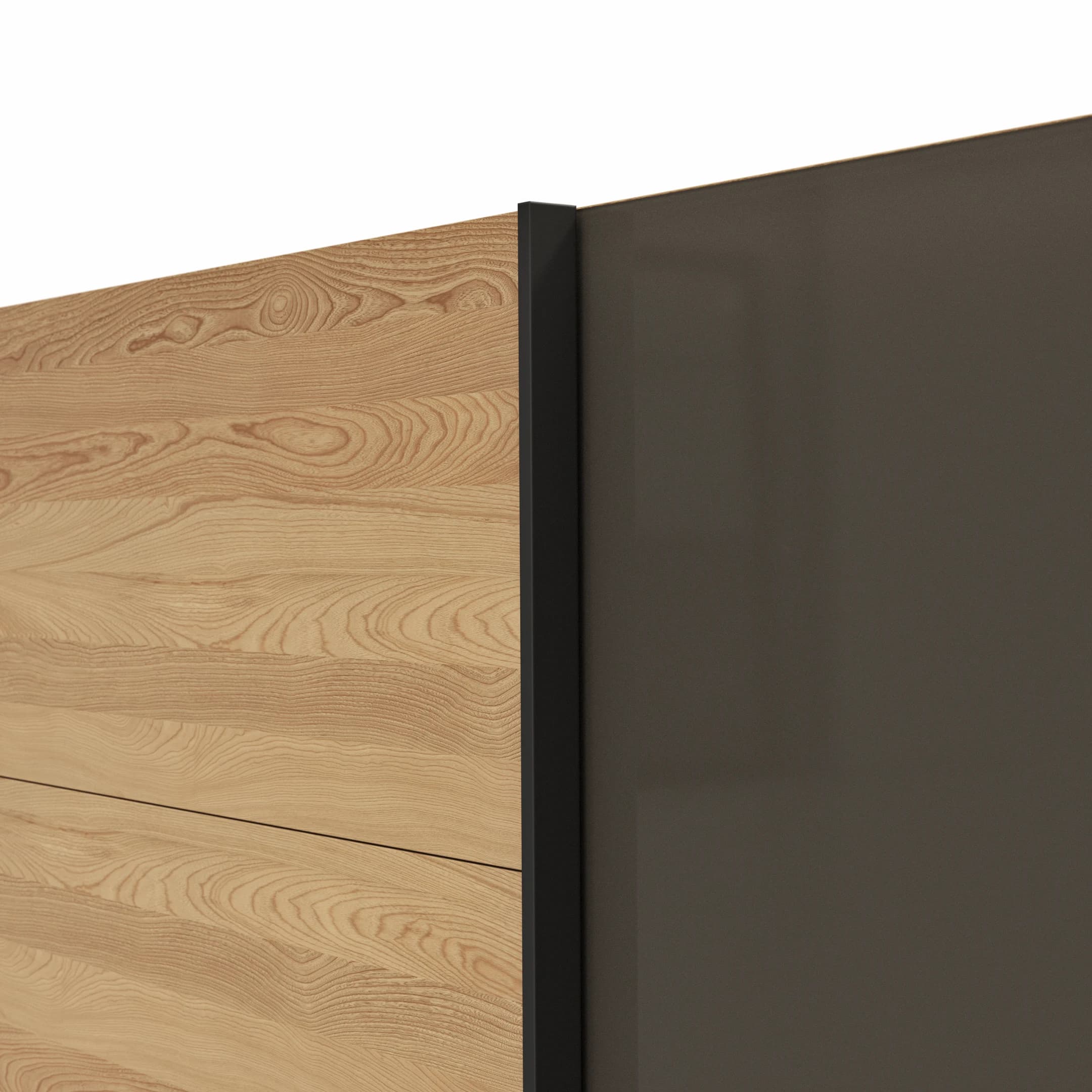 Schwebetürenschrank Lenoso - B. ca. 300 cm, Eiche massiv, Glas Dunkelbraun