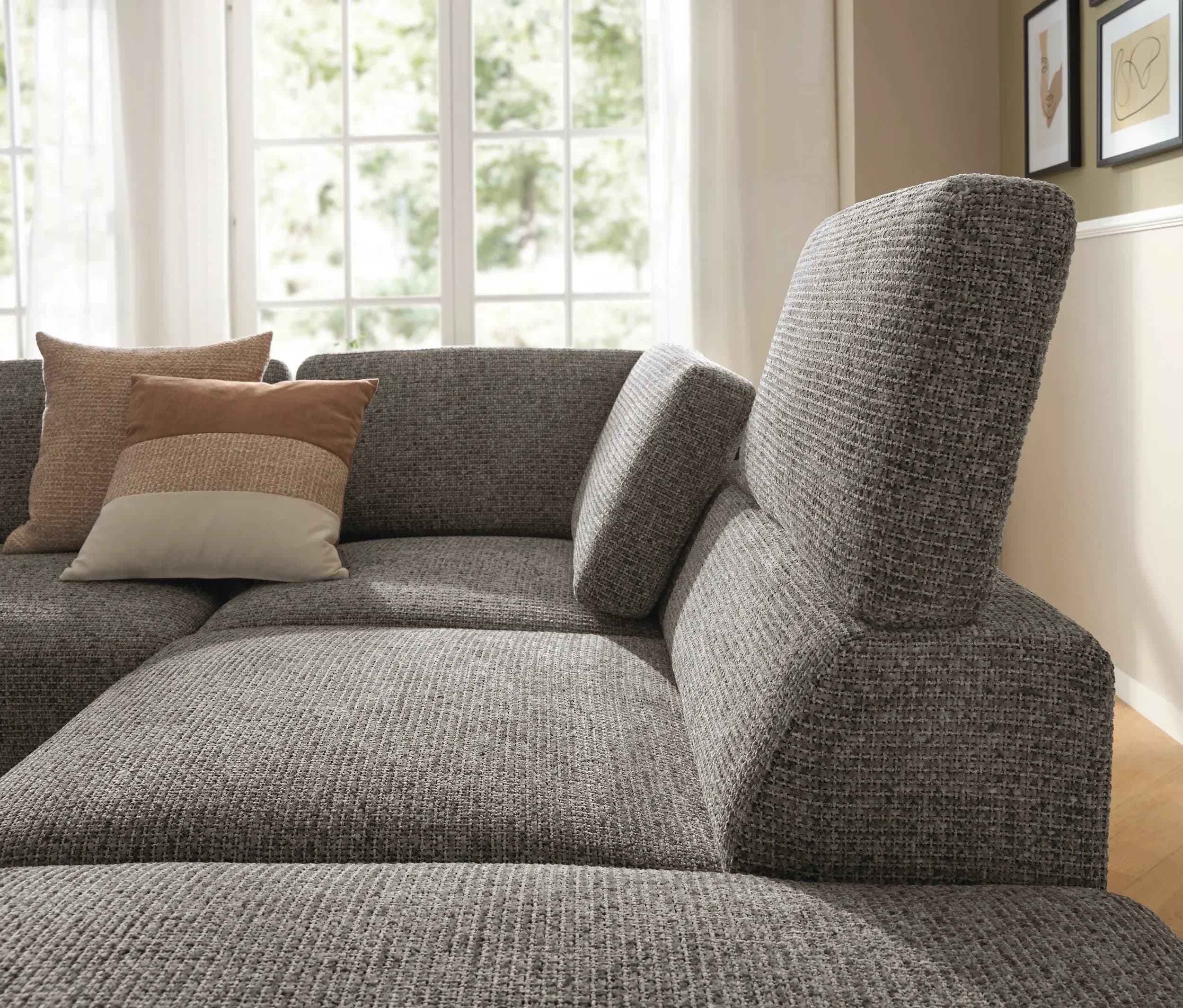 Ecksofa Benissa - Ecke und Abschlussteil mit 2,5-Sitzer rechts inkl. Rückenlehne verstellbar, Stoff, Dunkelgrau