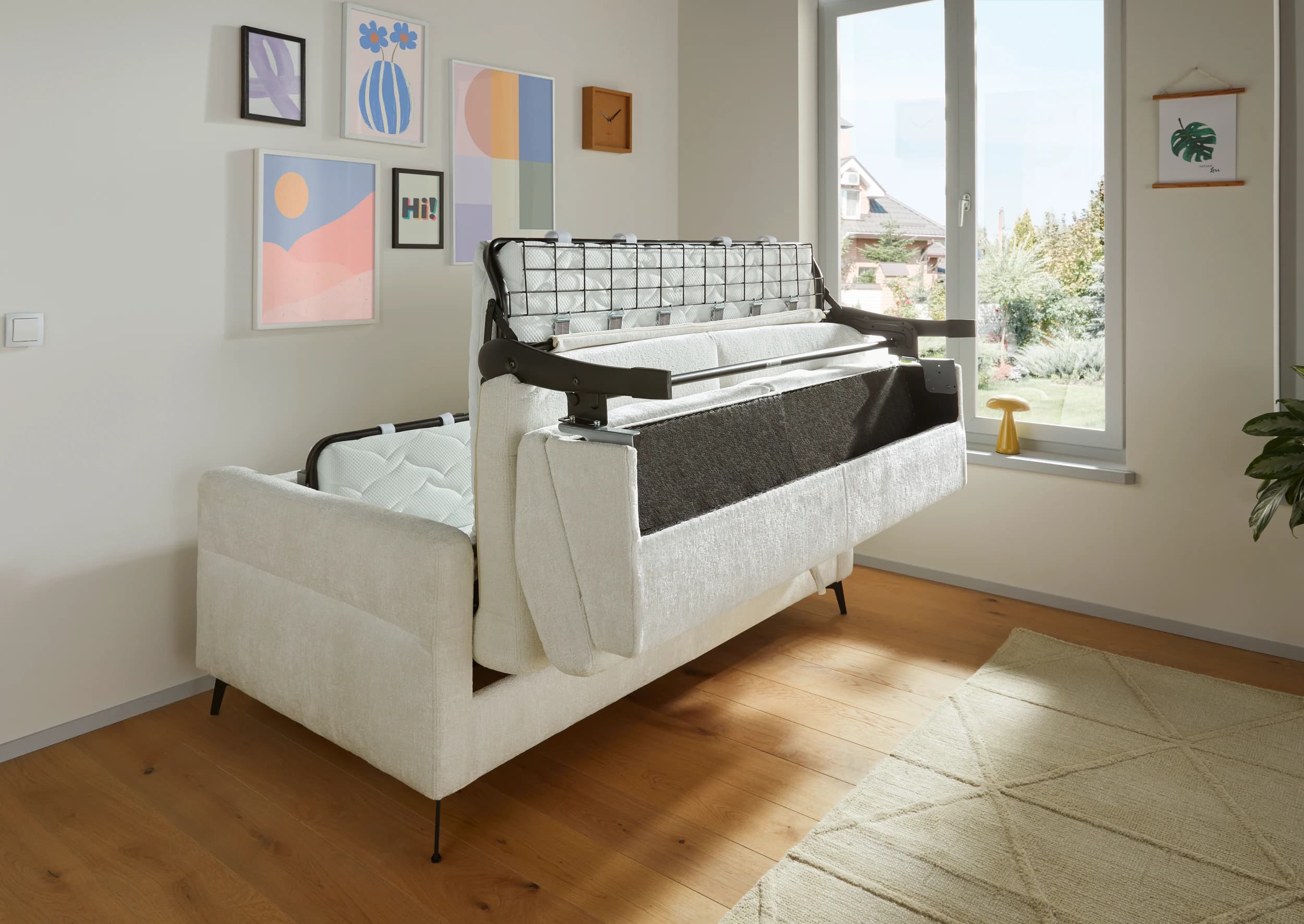 Schlafsofa Laredo - 2,5-Sitzer inkl. Schlaffunktion und Armlehne klappbar, Stoff, Offwhite