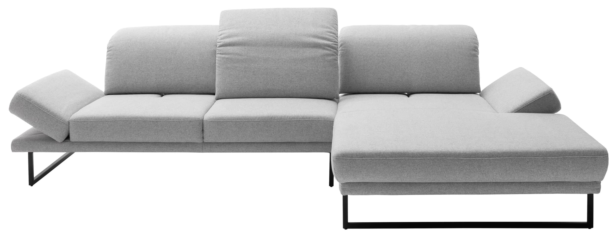 Ecksofa - 2-Sitzer mit Longchair rechts, Kopfteil/Sitztiefe/Armlehne verstellbar, Stoff, Hellgrau