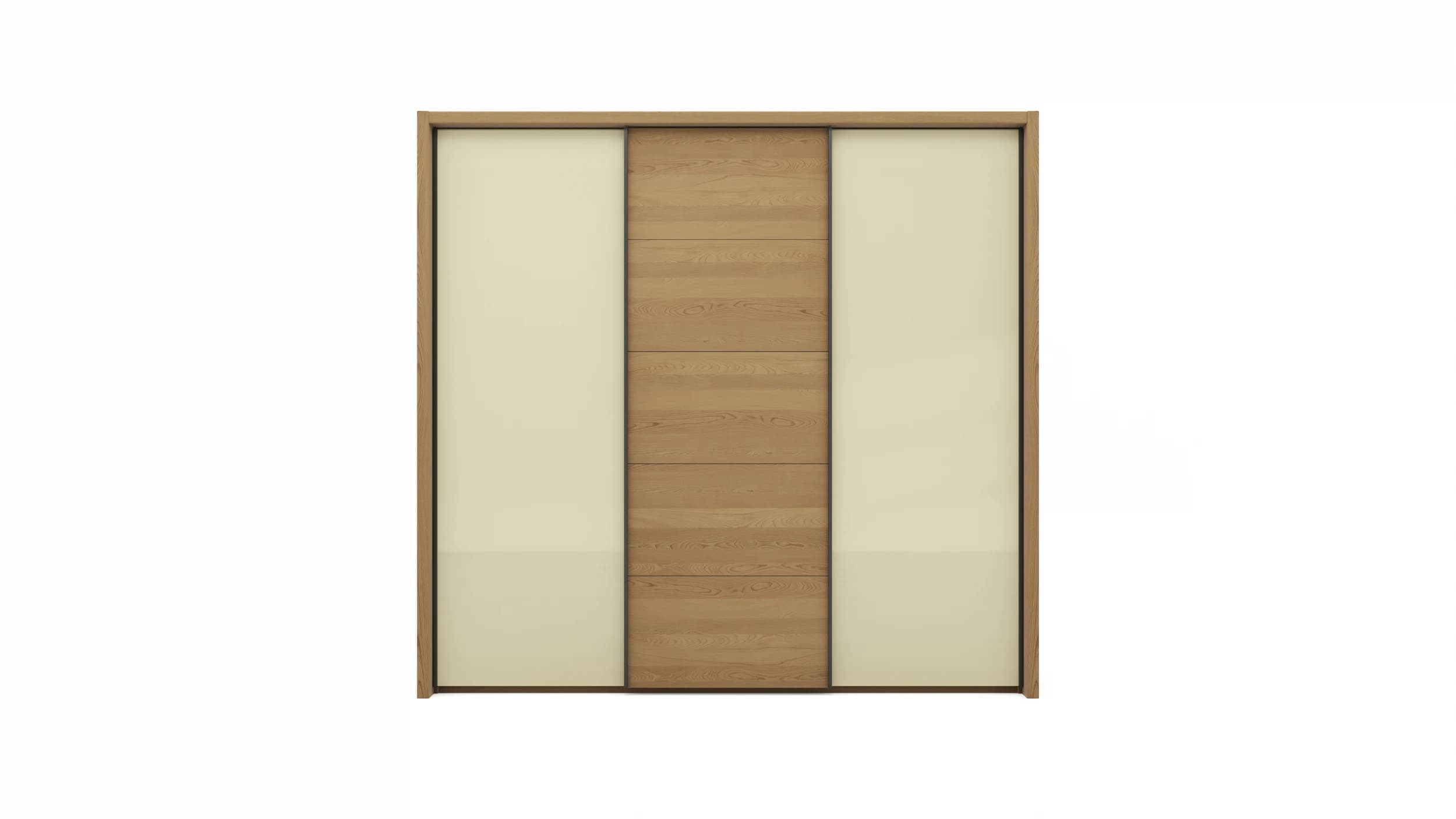 Schwebetürenschrank Lenoso -  B. ca. 260 cm, Eiche massiv, Glas, Champagner