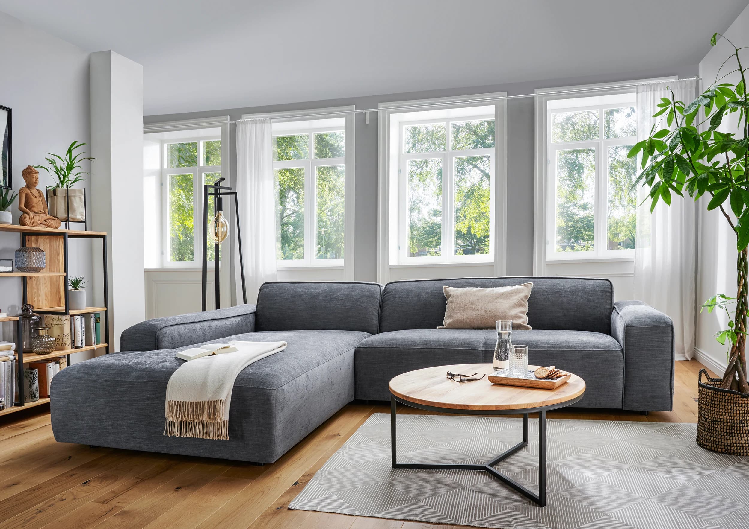 Ecksofa Denver - Longchair links mit 2,5-Sitzer, Stoff, Blau