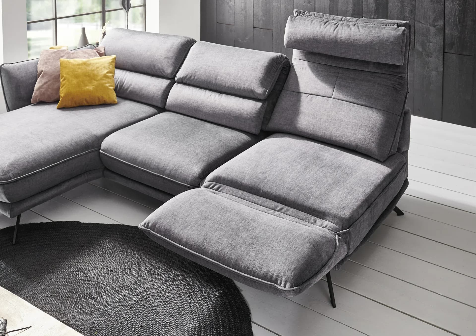 Ecksofa - Longchair links mit 2,5-Sitzer, inkl. Kopfteil/Armlehne/Sitztiefe verstellbar, Stoff, Grau