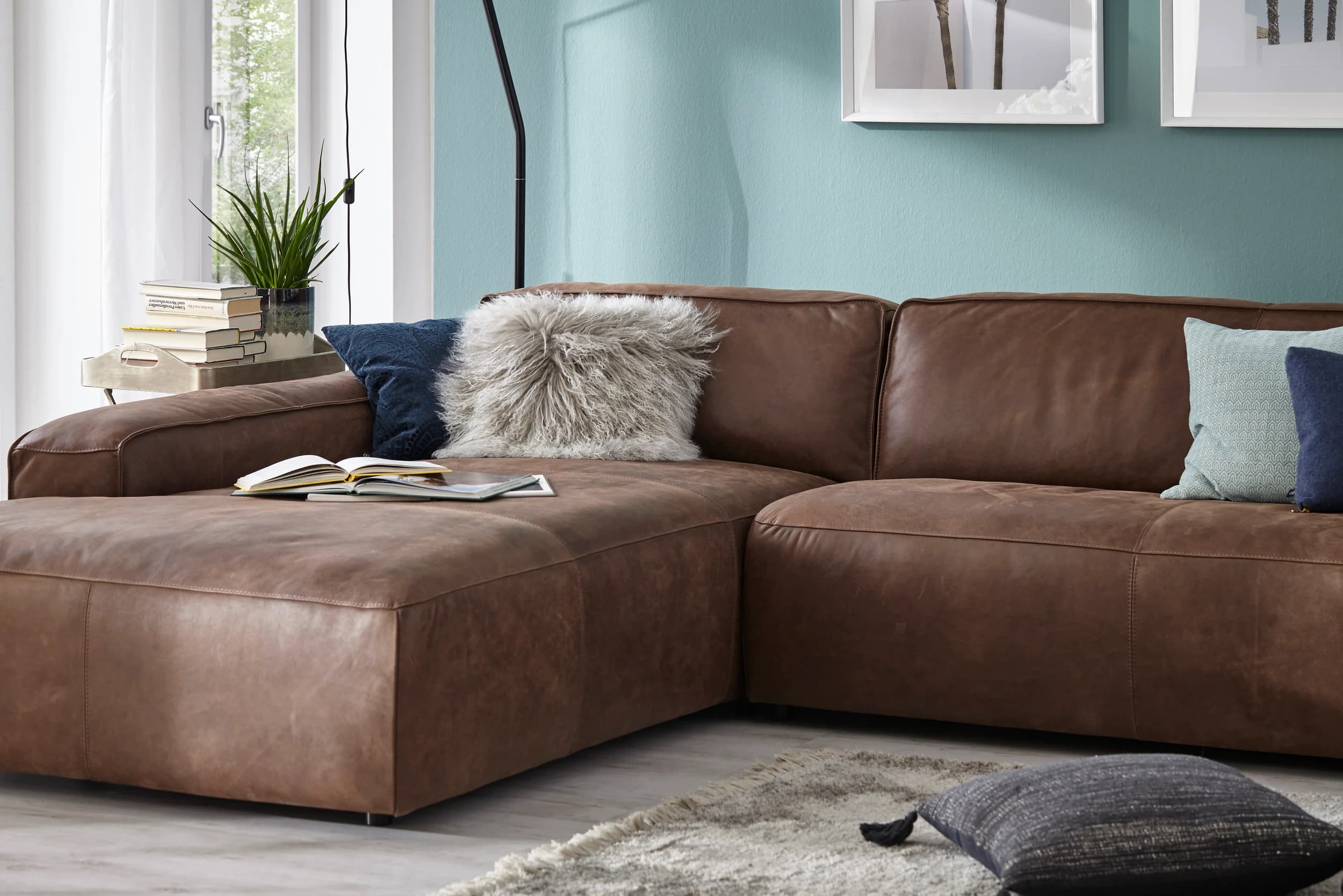 Ecksofa Denver - Longchair links mit 2,5-Sitzer, Leder, Braun