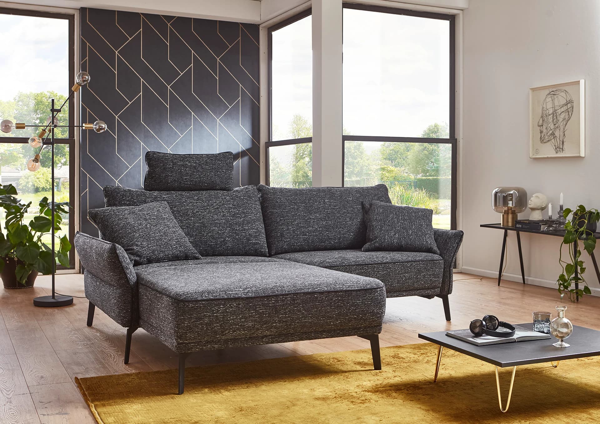 Ecksofa - Longchair links mit 1-Sitzer, Stoff, Grau