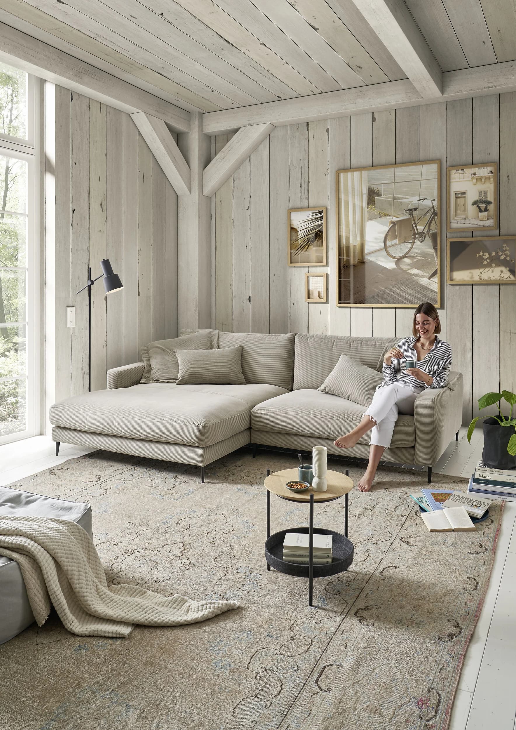 Ecksofa - Longchair links mit 1,5-Sitzer, Stoff, Sand