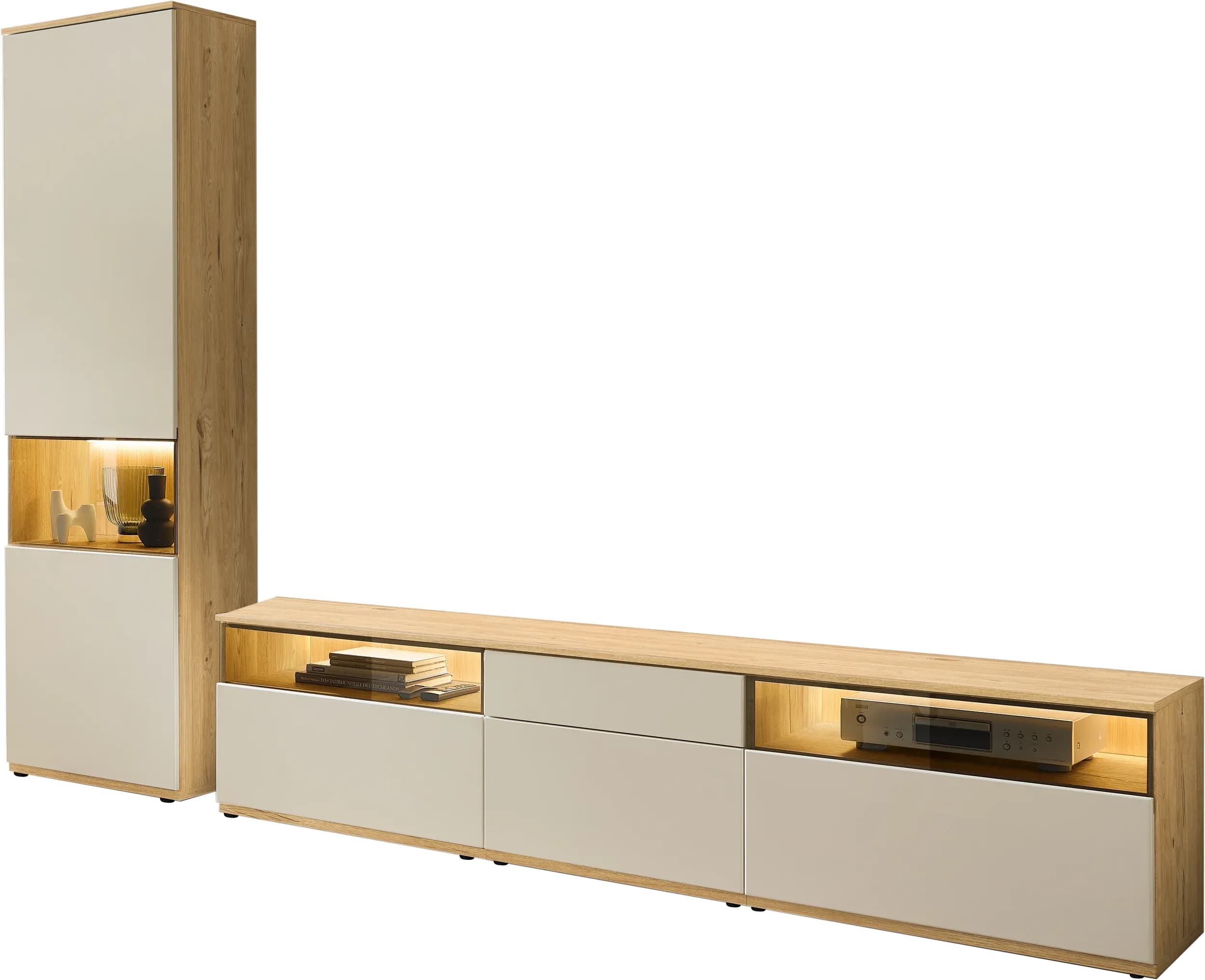 Wohnwand mit Beleuchtung - Risseiche, Sandbeige