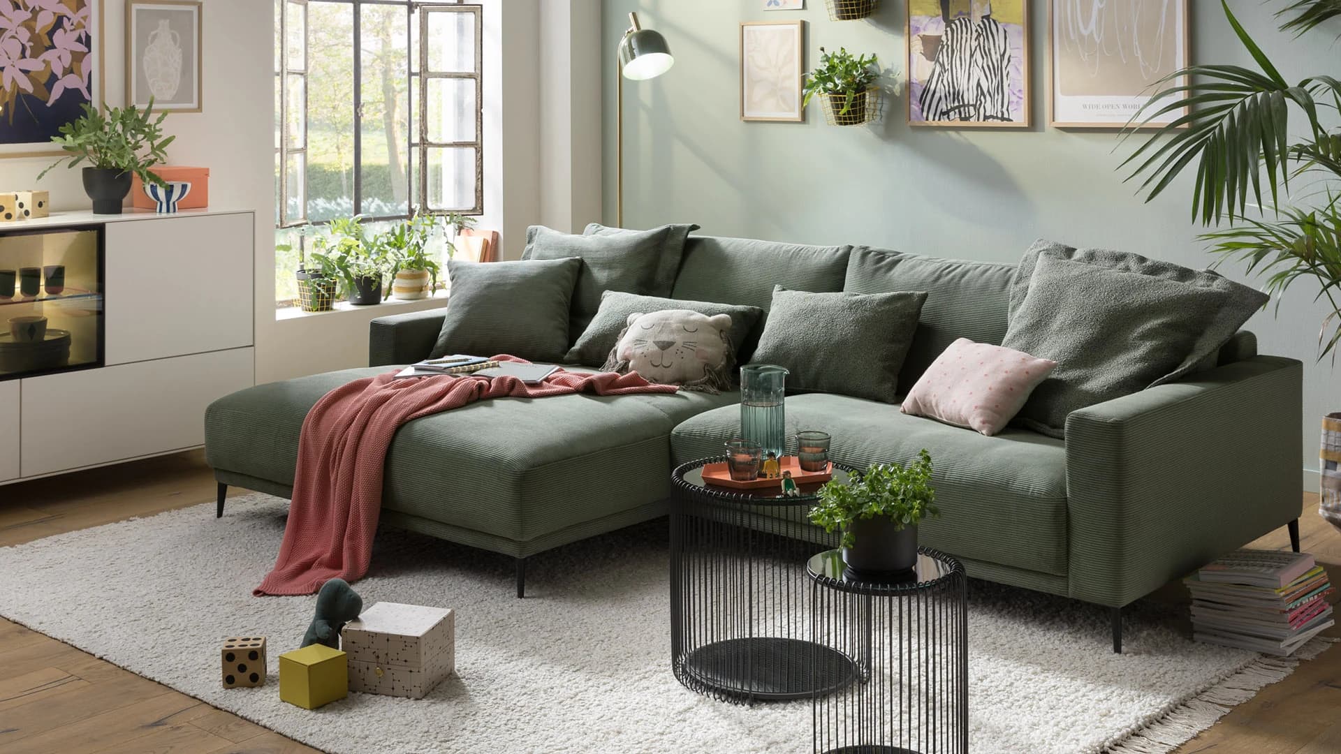 Ecksofa Solero 2.0 - Longchair groß mit 1,5-Sitzer rechts, Stoff, Olivgrün