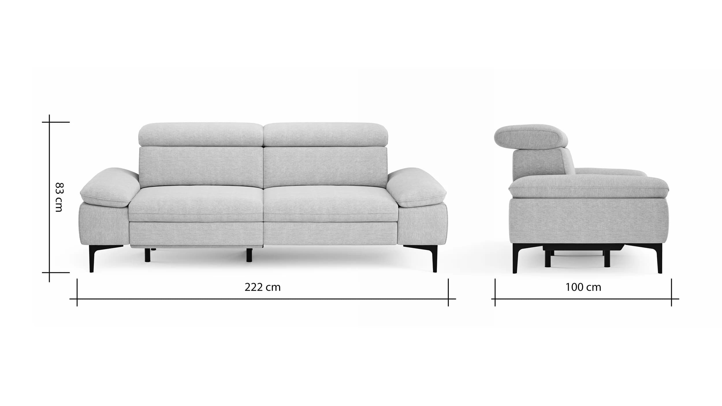 Sofa Felipa - 3-Sitzer inkl. Relaxfunktion (motorisch) und Kopfteil verstellbar, Stoff, Grau