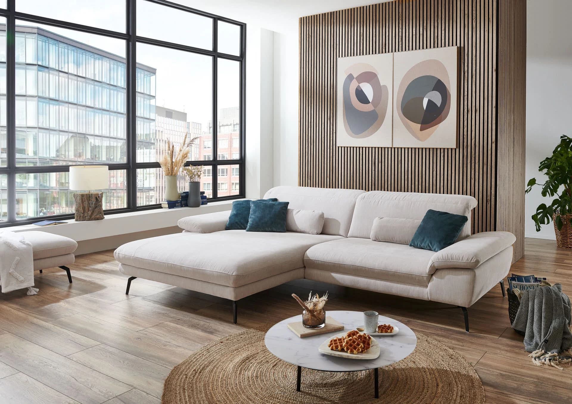  Ecksofa - Longchair links mit 1,5-Sitzer, Kopfteil verstellbar, Stoff, Ecru