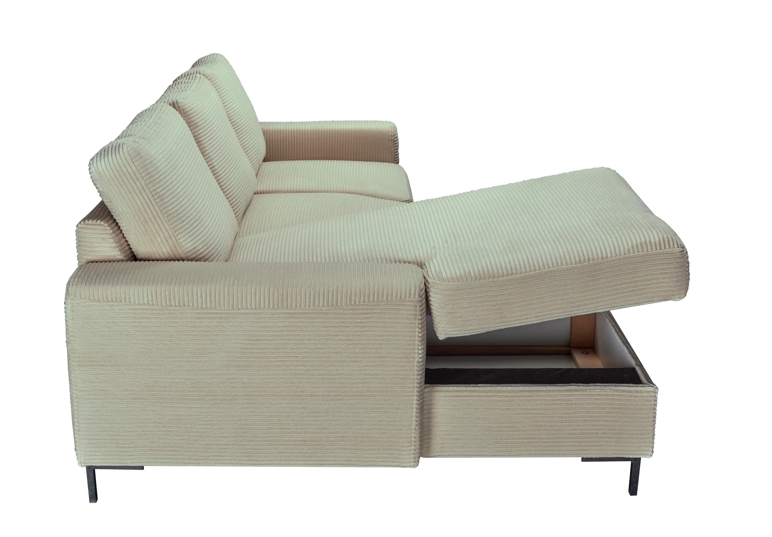 Ecksofa - Longchair links mit 2-Sitzer, Schlaffunktion mit Bettkasten, Stoff, Creme