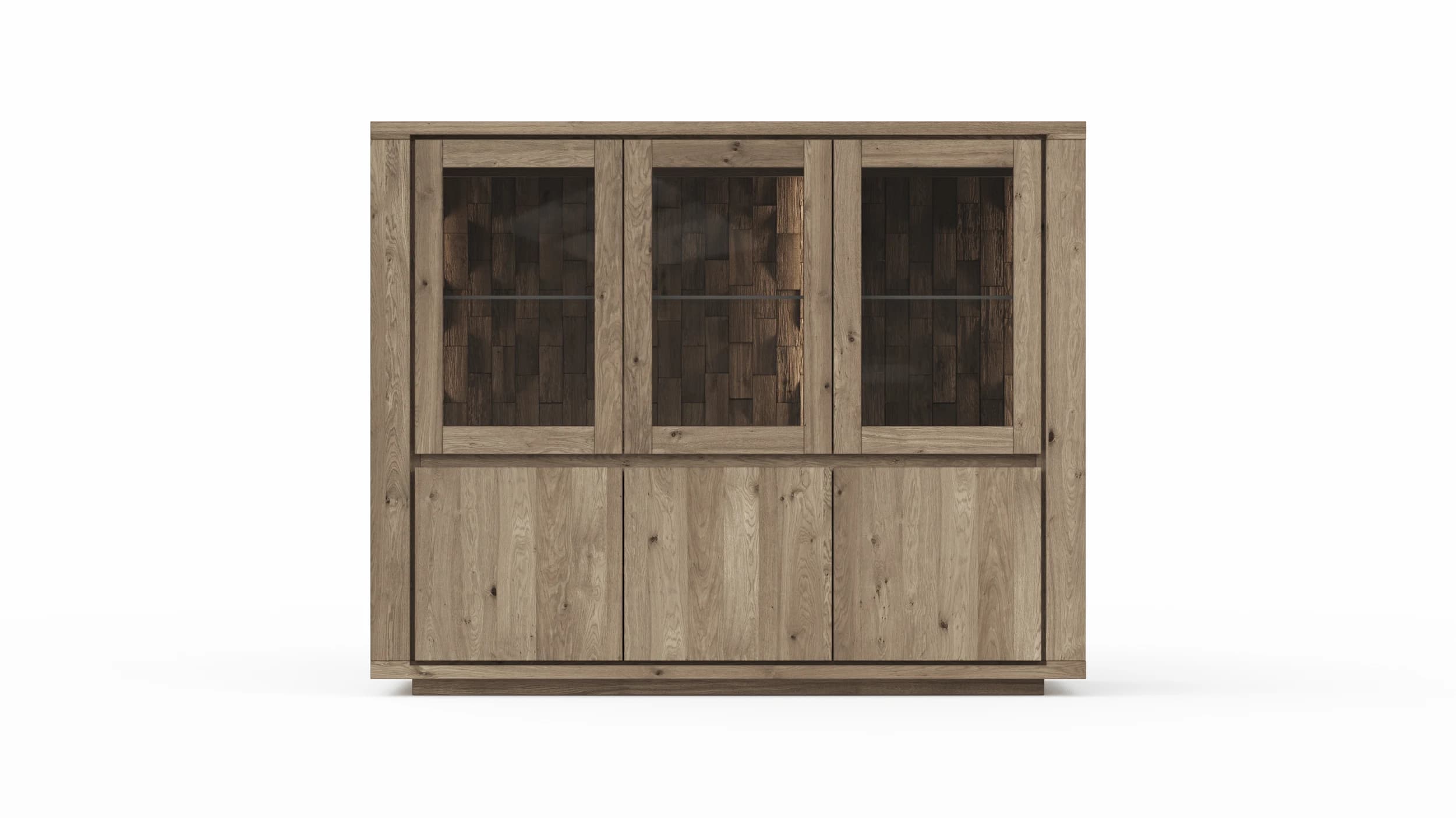 Highboard Bakersfield - inkl. Beleuchtung, Rückwand mit Holzschindeln, Asteiche, Barrrique