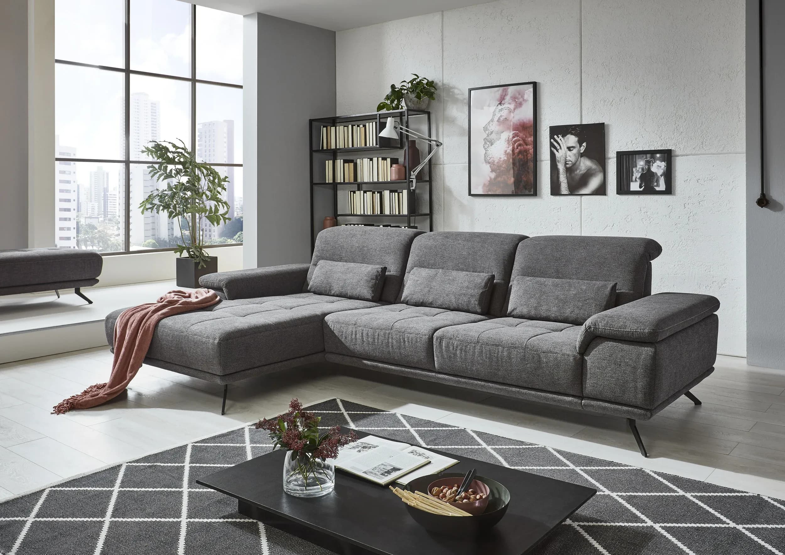 Sofa - Longchair links mit 3-Sitzer inkl. Kopfteil verstellbar, Stoff, Anthrazit