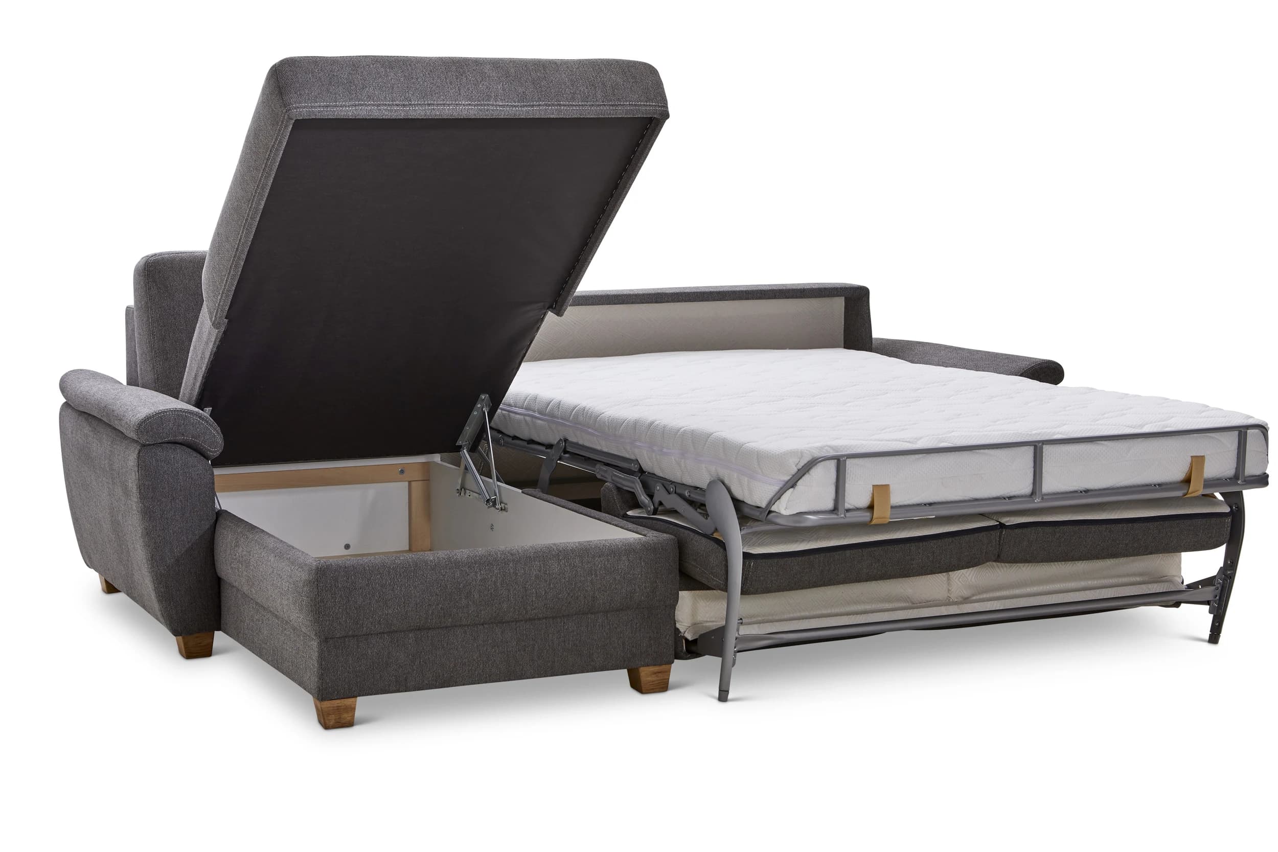 Ecksofa Lakeville 1 - Longchair links mit 2-Sitzer inkl. Schlaffunktion mit Bettkasten, Stoff, Grau