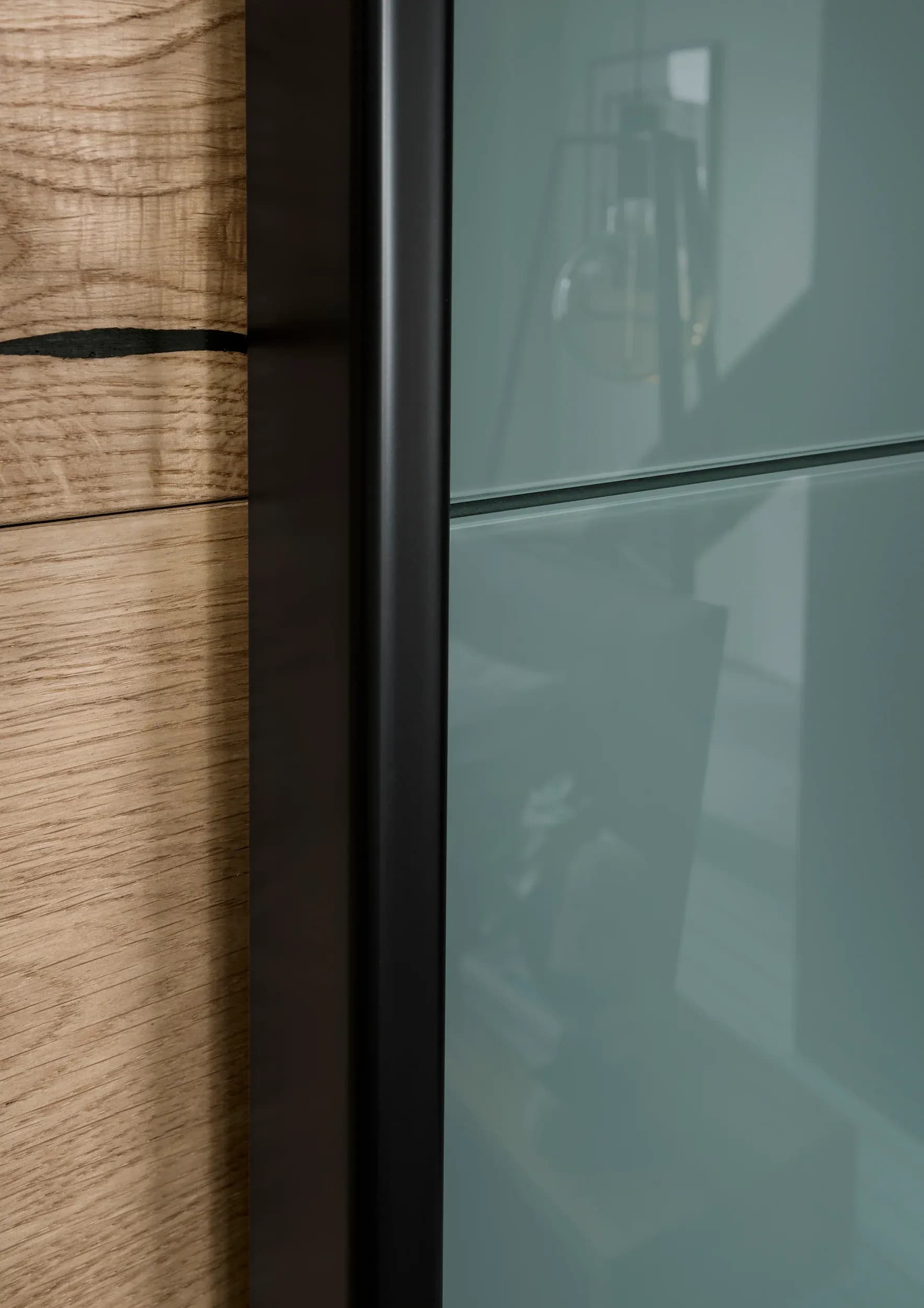 Schwebetürenschrank Colorado - B. ca. 257 cm, Eiche, Glas Graugrün