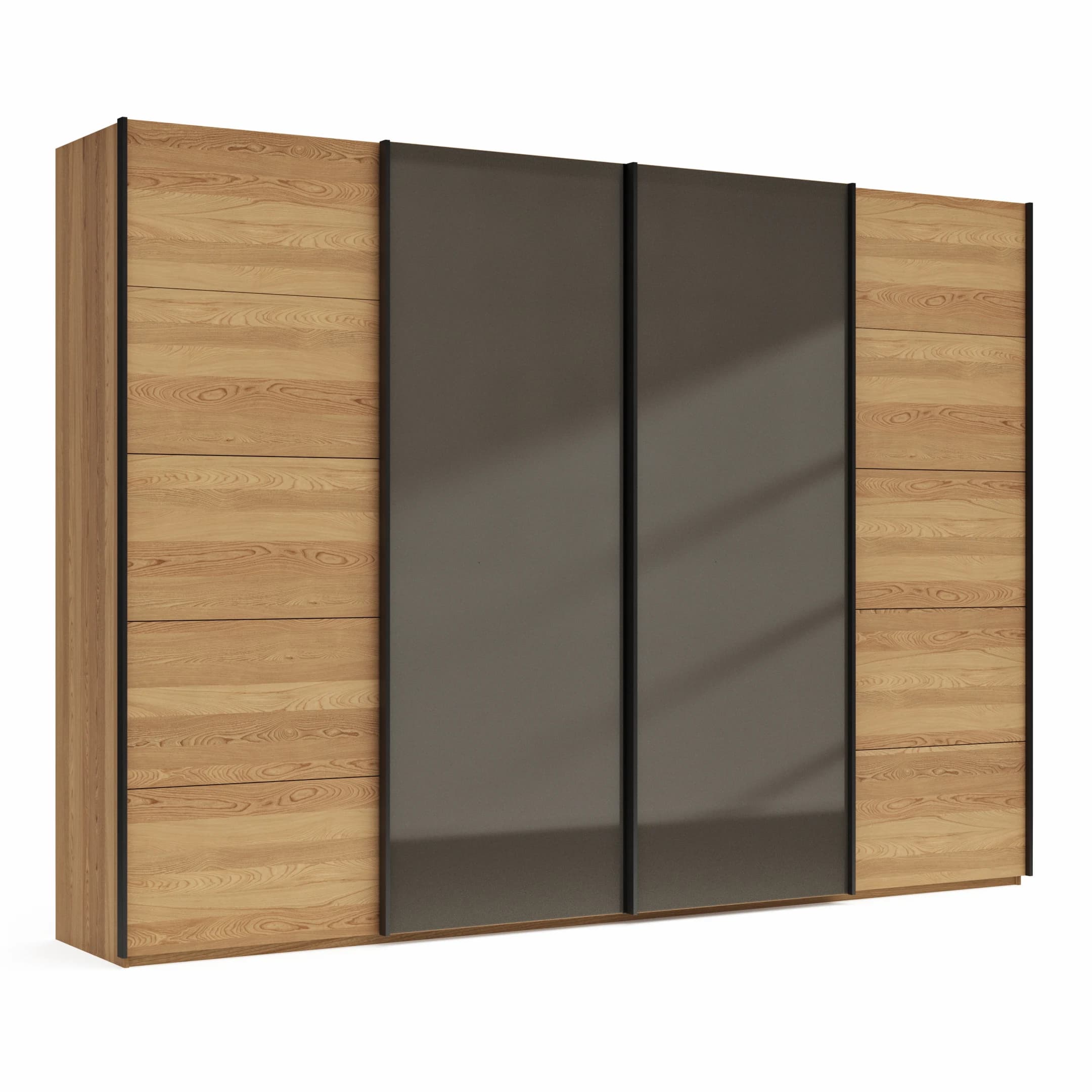 Schwebetürenschrank Lenoso - B. ca. 330 cm, Eiche massiv, Glas, Graubraun