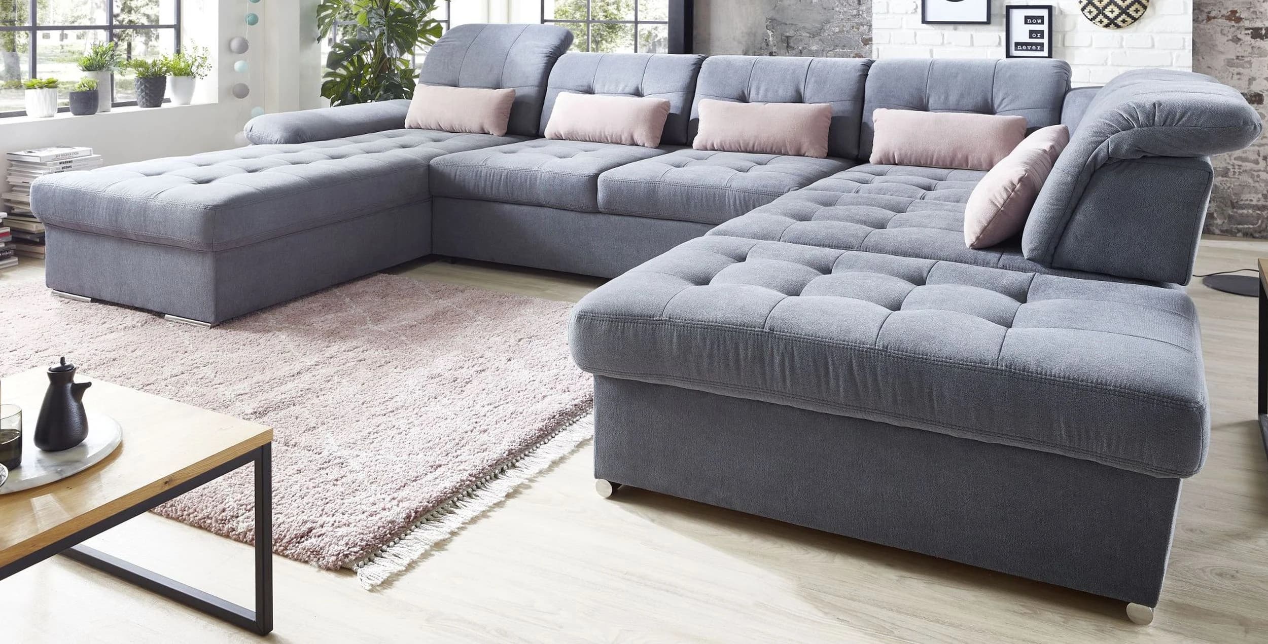 Wohnlandschaft - Longchair links, 3-Sitzer, Ecke rechts inkl. Kopfteilverstellung, Armteilverstellung in Flachgewebe blaugrau