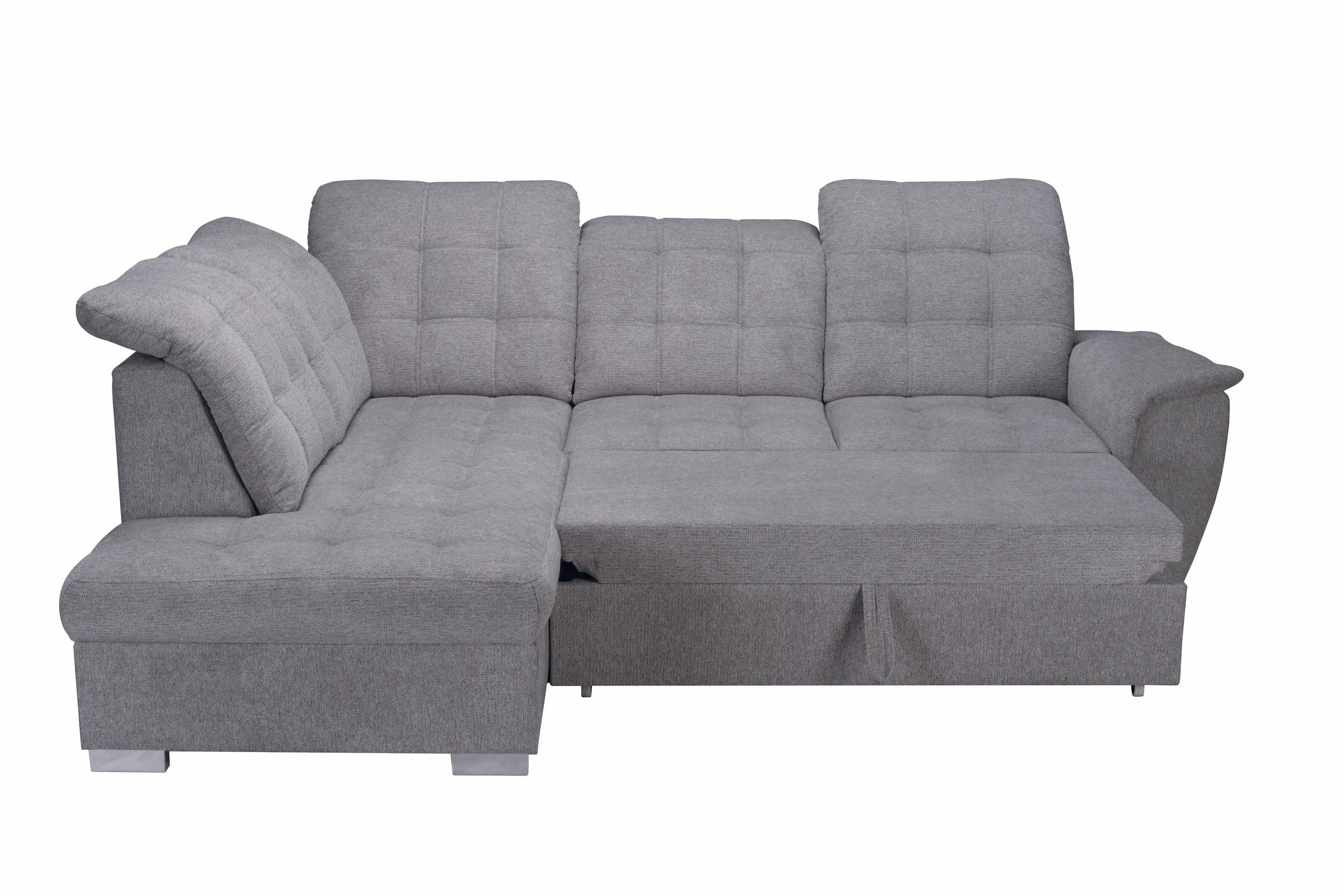 Ecksofa - Ecke links, 2-Sitzer inkl. Schlaffunktion und Bettkasten, verstellbare Kopfstützen, Stoff, Grau