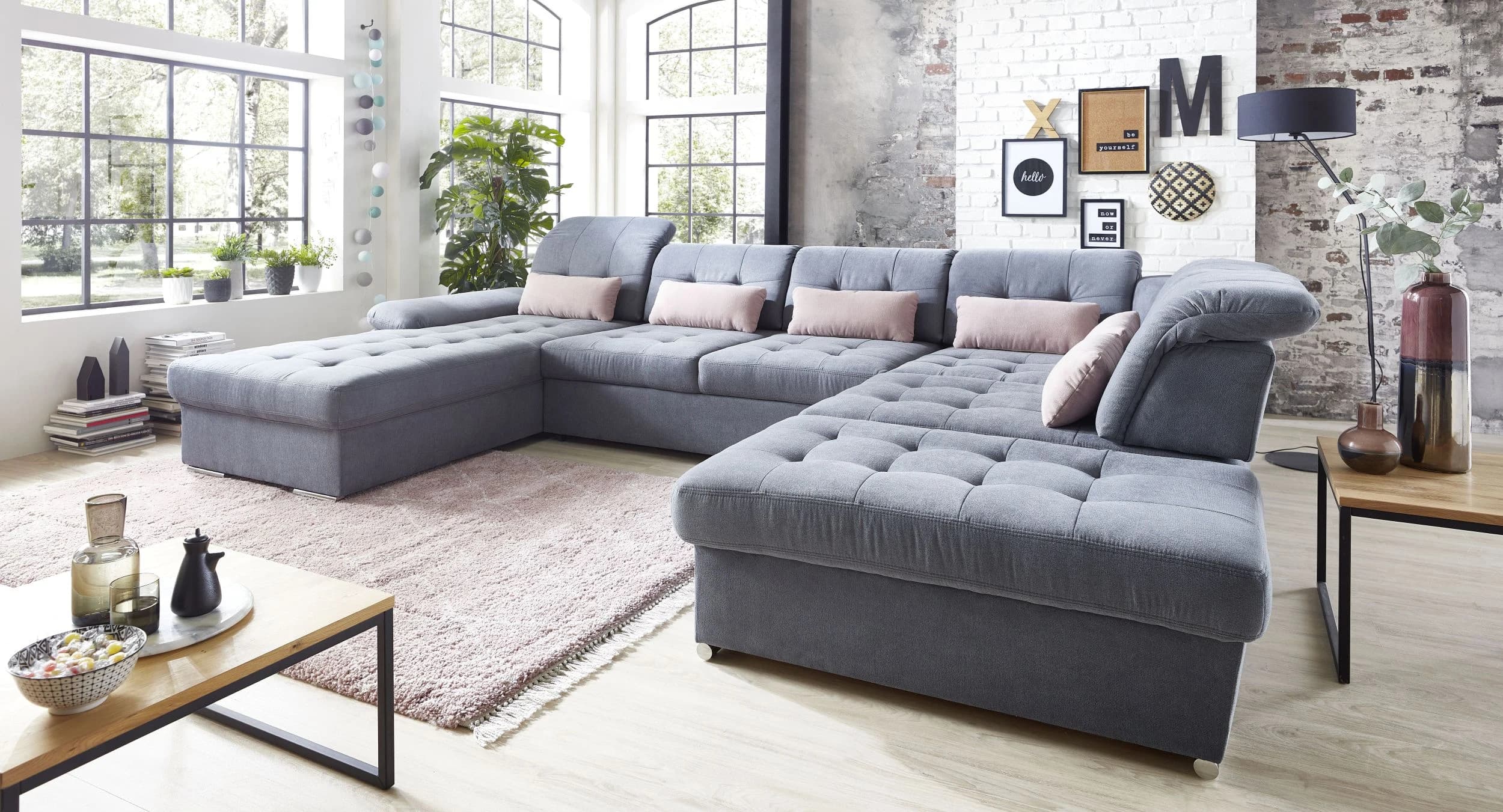 Wohnlandschaft - Longchair links, 3-Sitzer, Ecke rechts inkl. Kopfteilverstellung, Armteilverstellung in Flachgewebe blaugrau