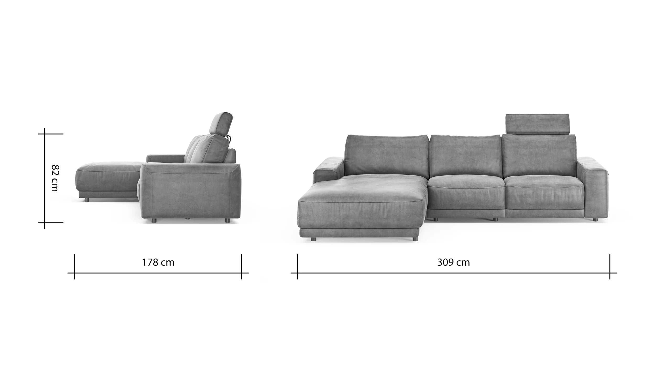 Ecksofa Balok - Longchair groß links mit 2,5-Sitzer, inkl. Relaxfunktion (motorisch) und Kopfstütze, Stoff, Anthrazit