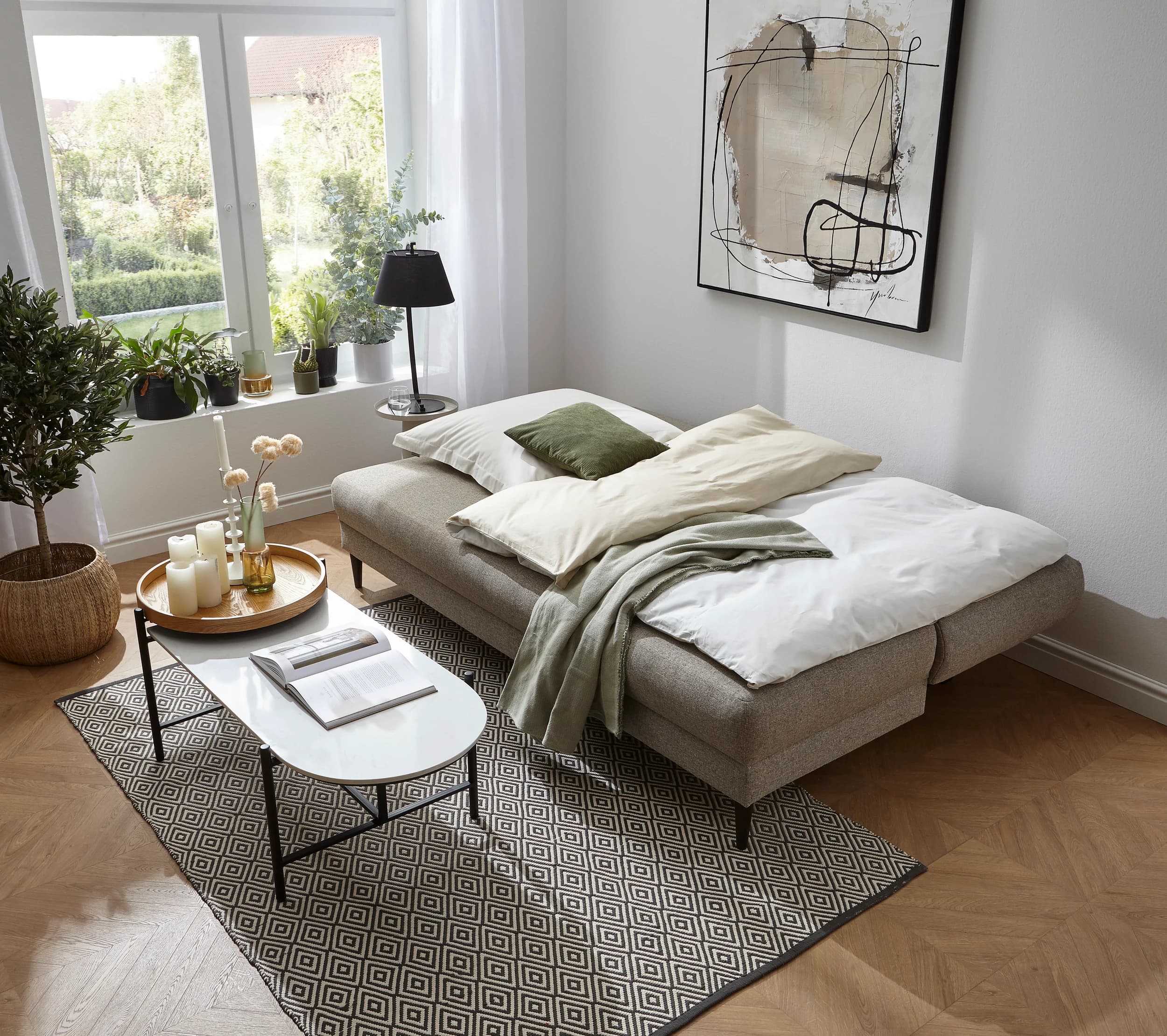 Schlafsofa Salema - 3-Sitzer mit Schlaffunktion (Liegefläche ca. 140x200 cm), Stoff, Kiesel