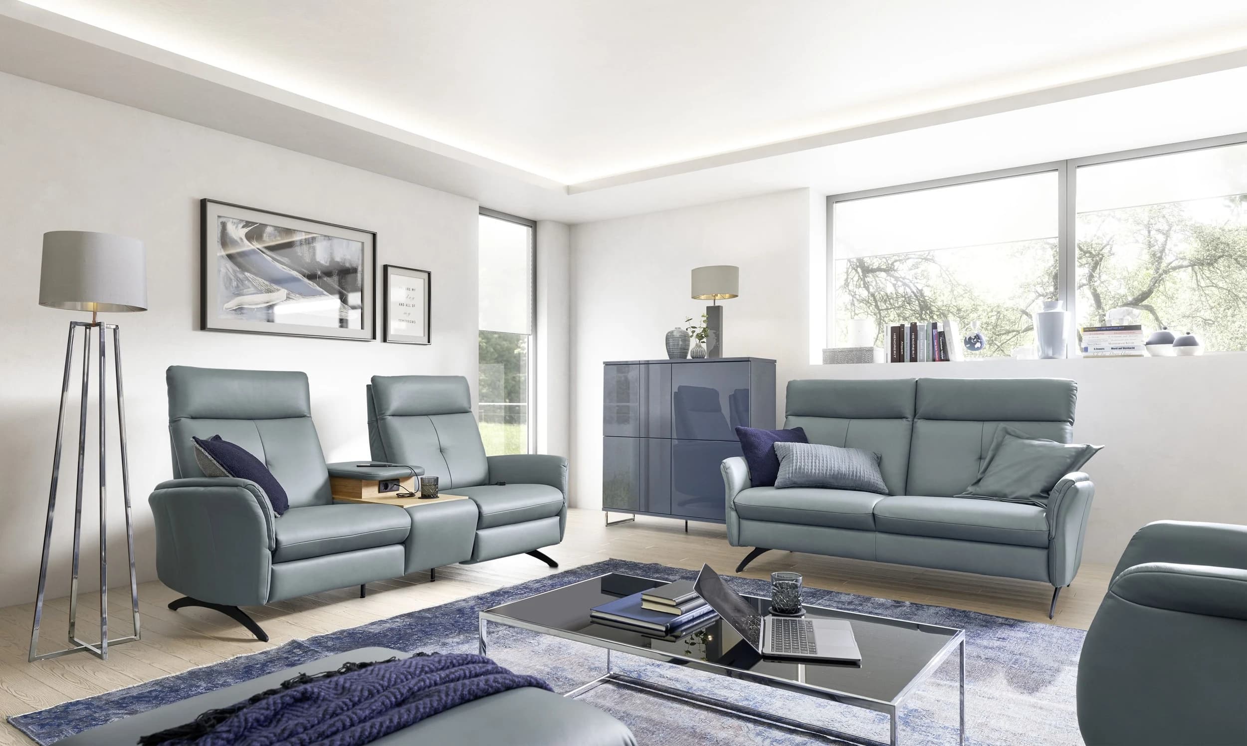 Sofa - 2,5-Sitzer, Leder, Graublau