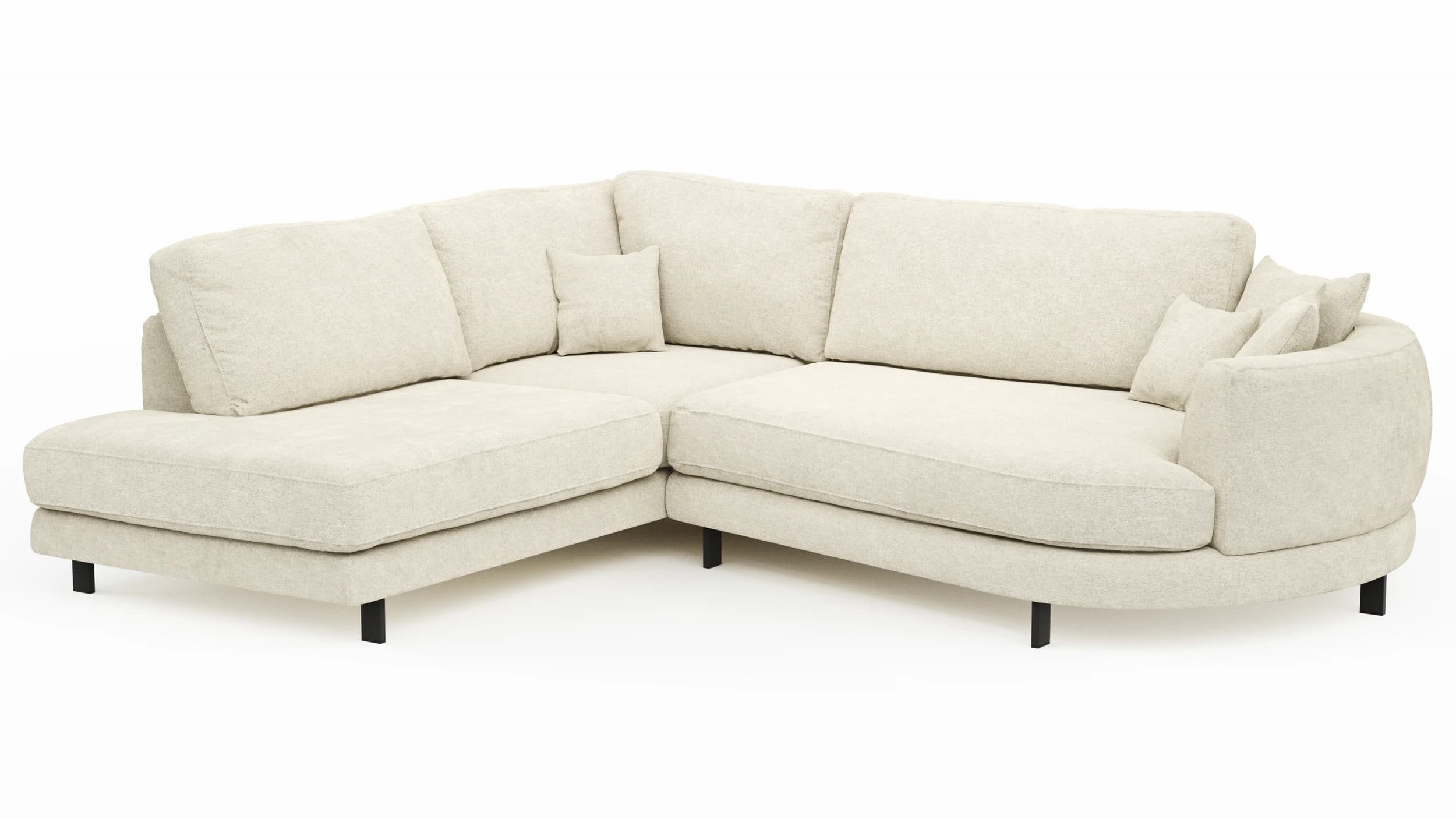 Ecksofa Solenne - Ottomane links mit Diwan rund rechts, Stoff, Weiß