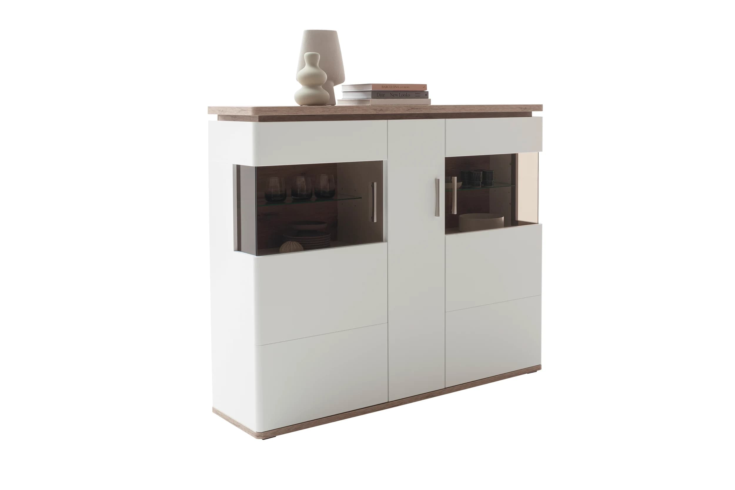 Highboard - Weiß, Absetzung Eiche