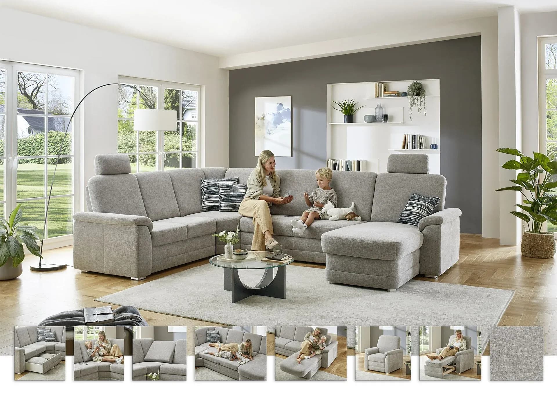Wohnlandschaft - Ecke links mit 2,5-Sitzer und Longchair rechts, Stoff Alufarben