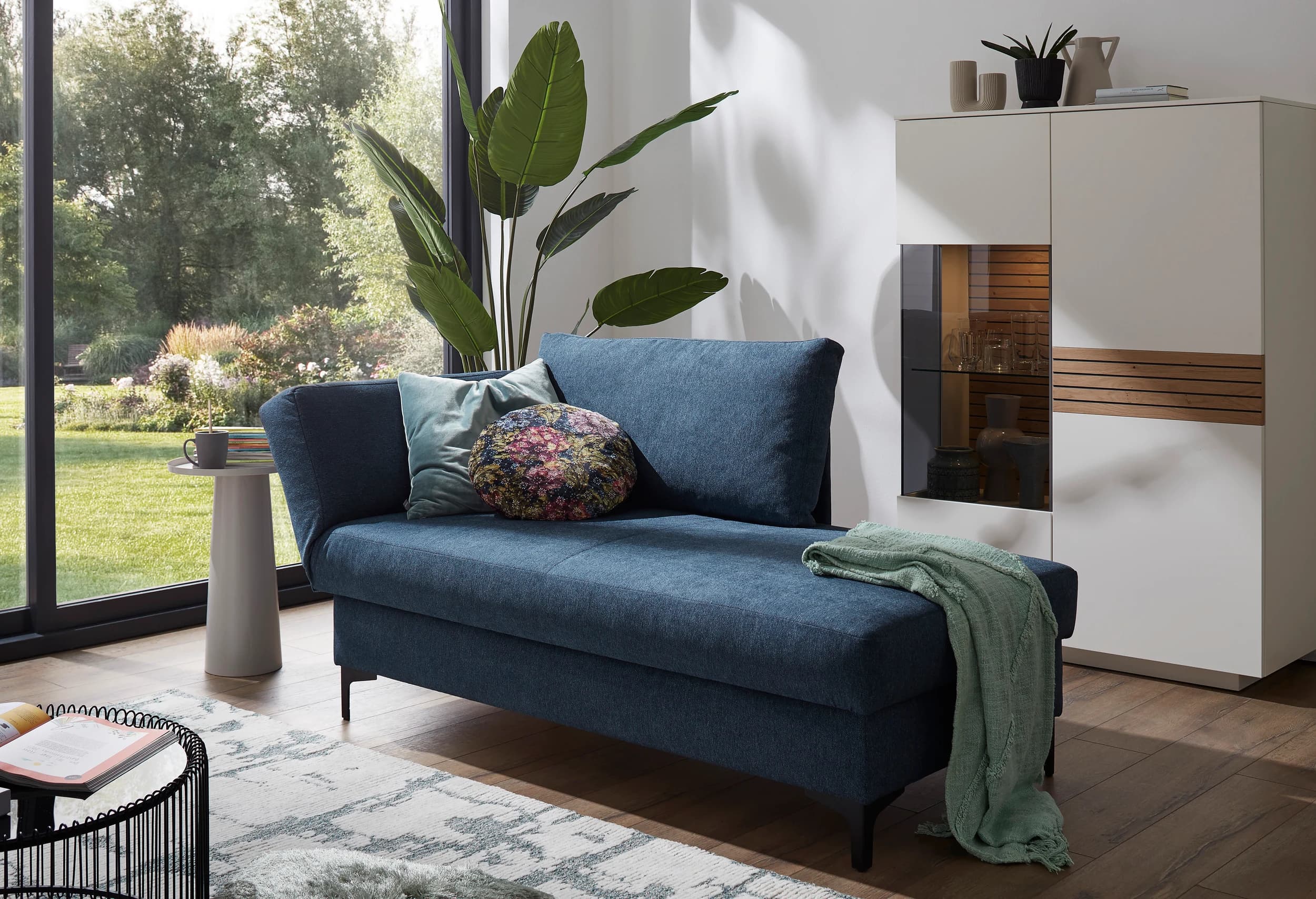 Schlafsofa Verano - Ausrichtung links inkl. Schlaffunktion und Bettkasten, Stoff, Petrol
