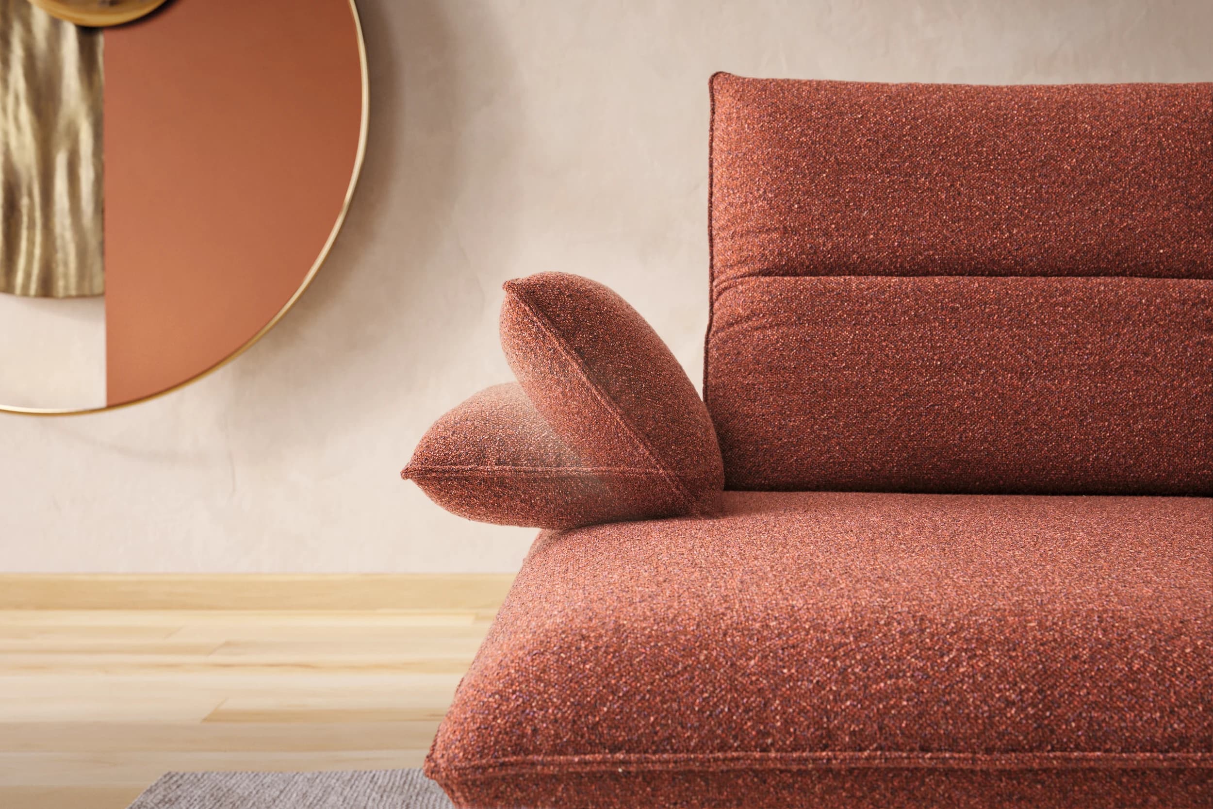 Ecksofa - 1-Sitzer mit Longchair rechts, Armlehne verstellbar, Rücken/Sitztiefe verstellbar, Stoff, Rot