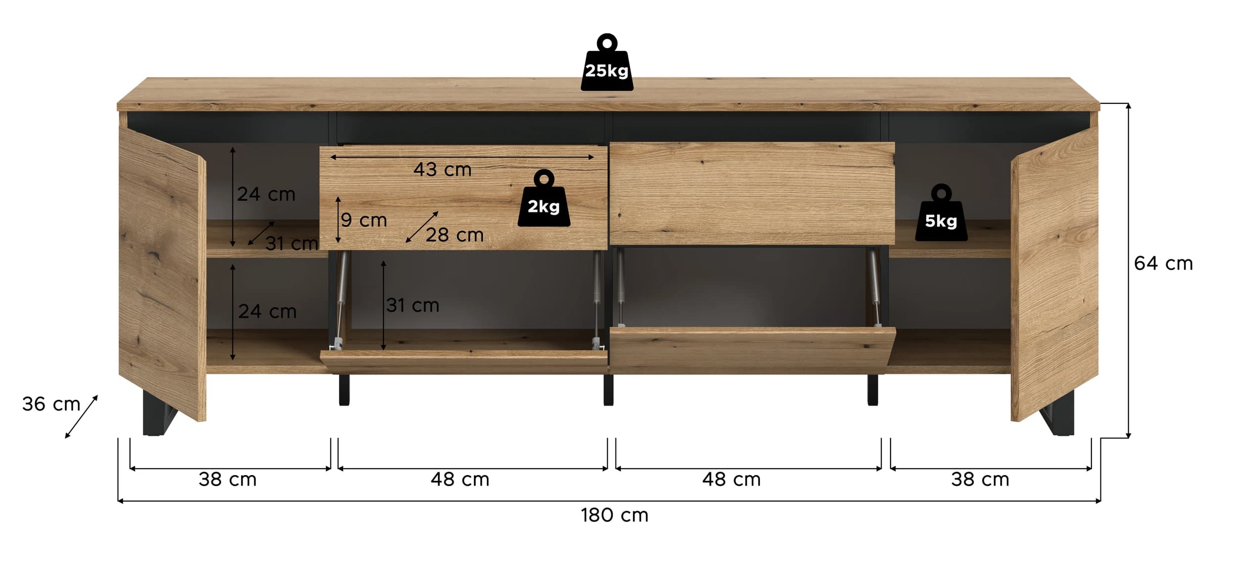 Lowboard - B ca. 188 cm, Evoke Eiche Nachbildung, Schwarz
