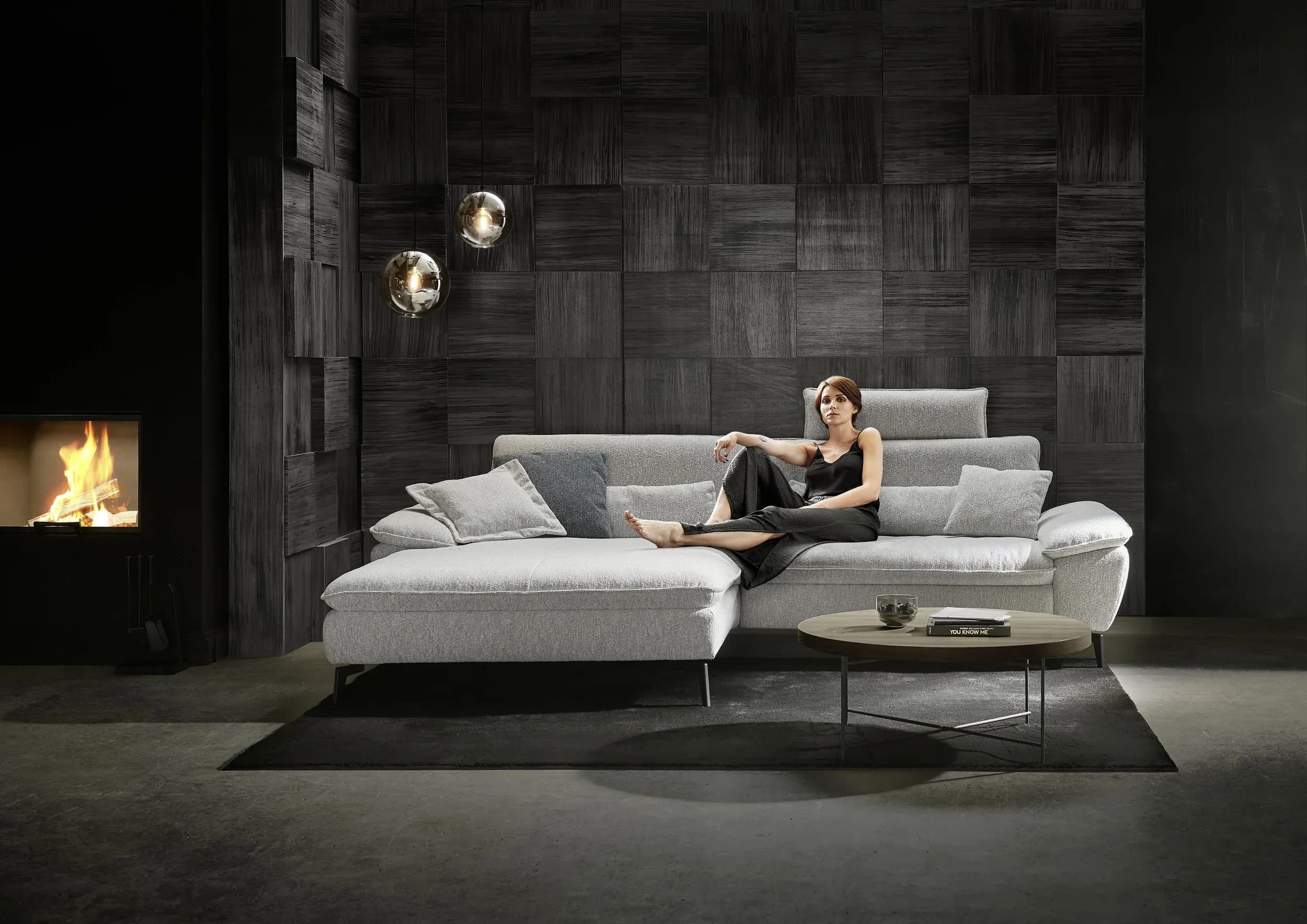 Ecksofa - Longchair links und 1,5-Sitzer, Stoff, Ecru