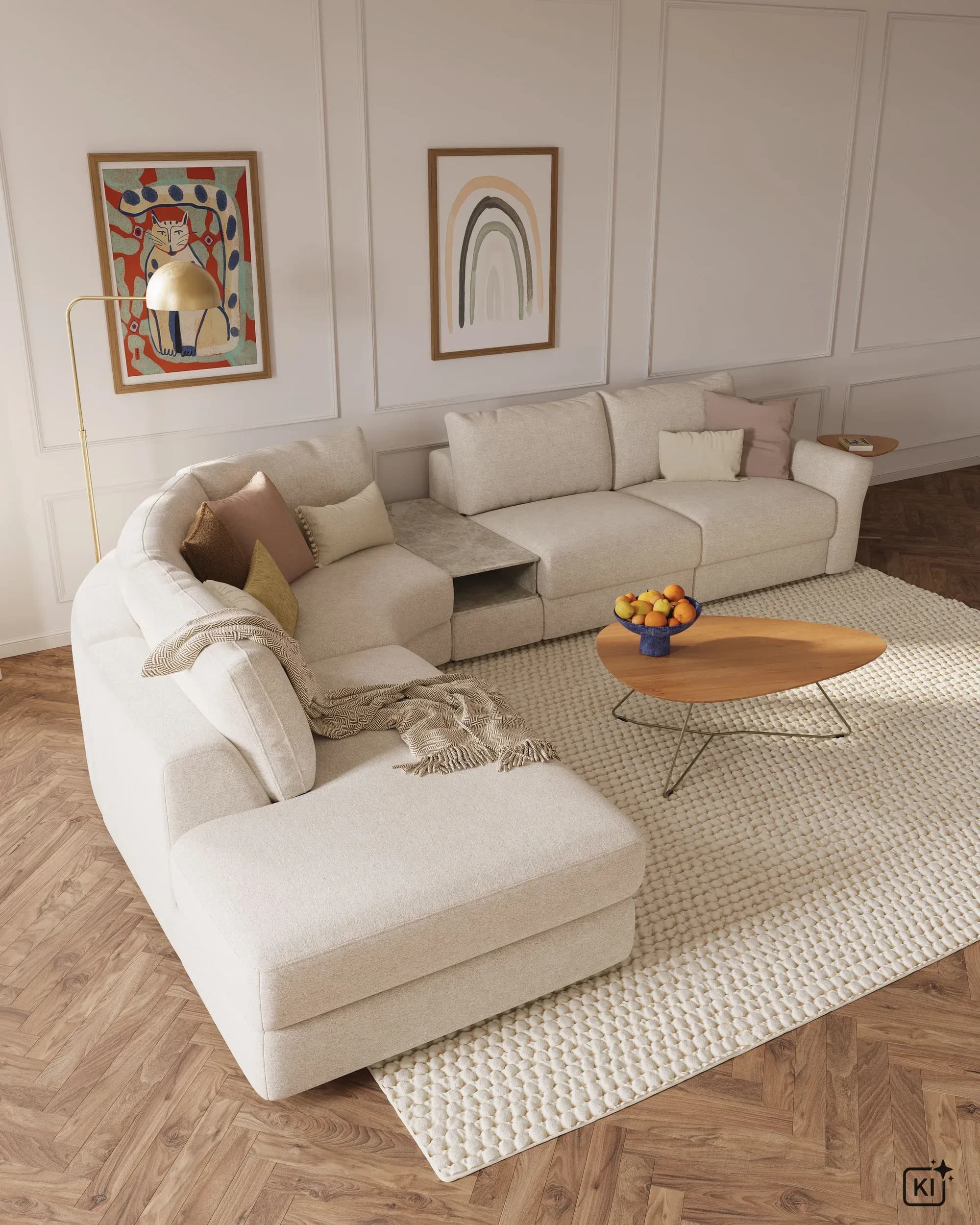 Ecksofa Almeria - Rundecke und Abschlussteil mit 2-Sitzer rechts inkl. Zwischenelement, Stoff, Offwhite