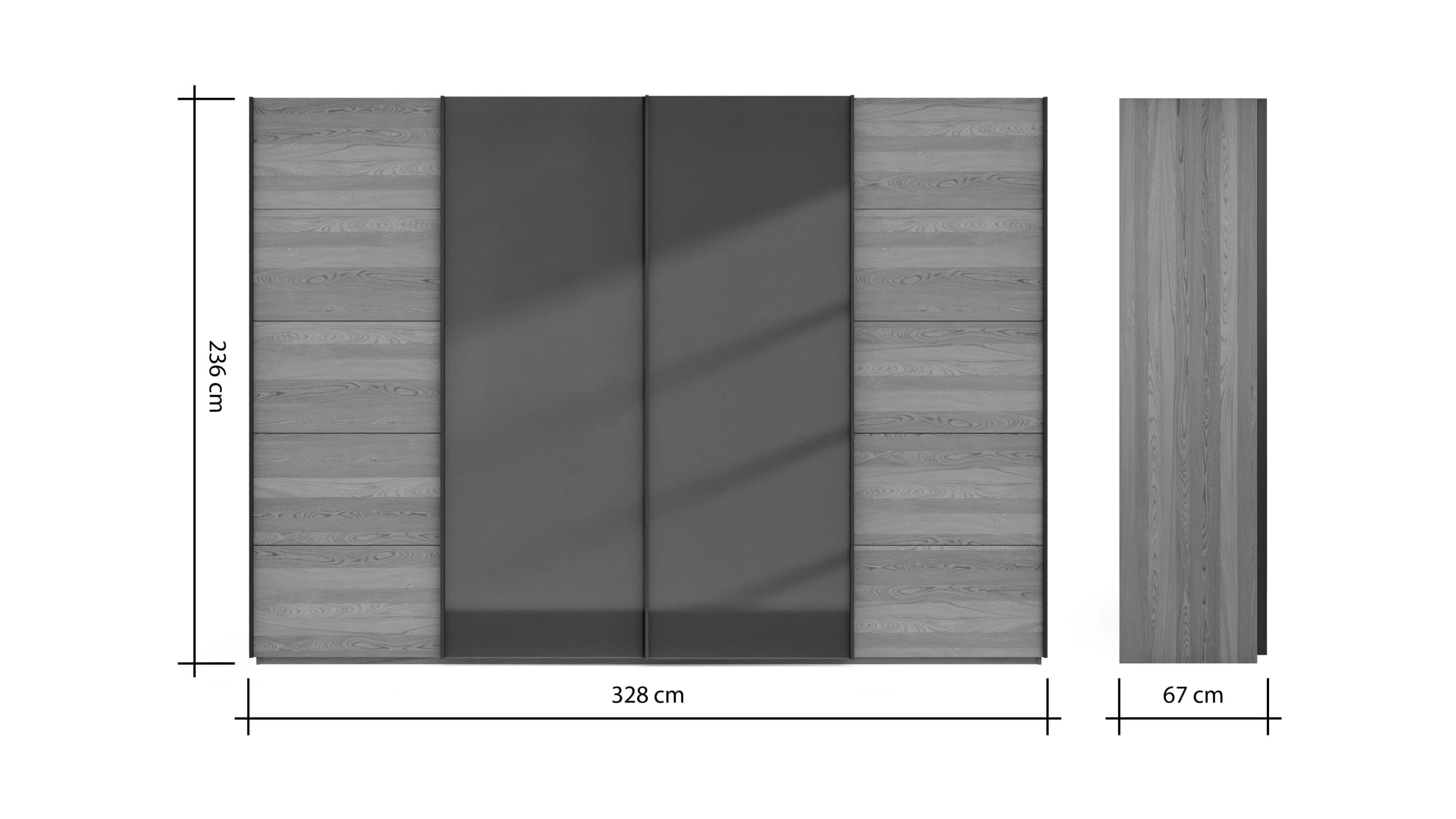 Schwebetürenschrank Lenoso - B. ca. 330 cm, Eiche massiv, Glas, Graubraun