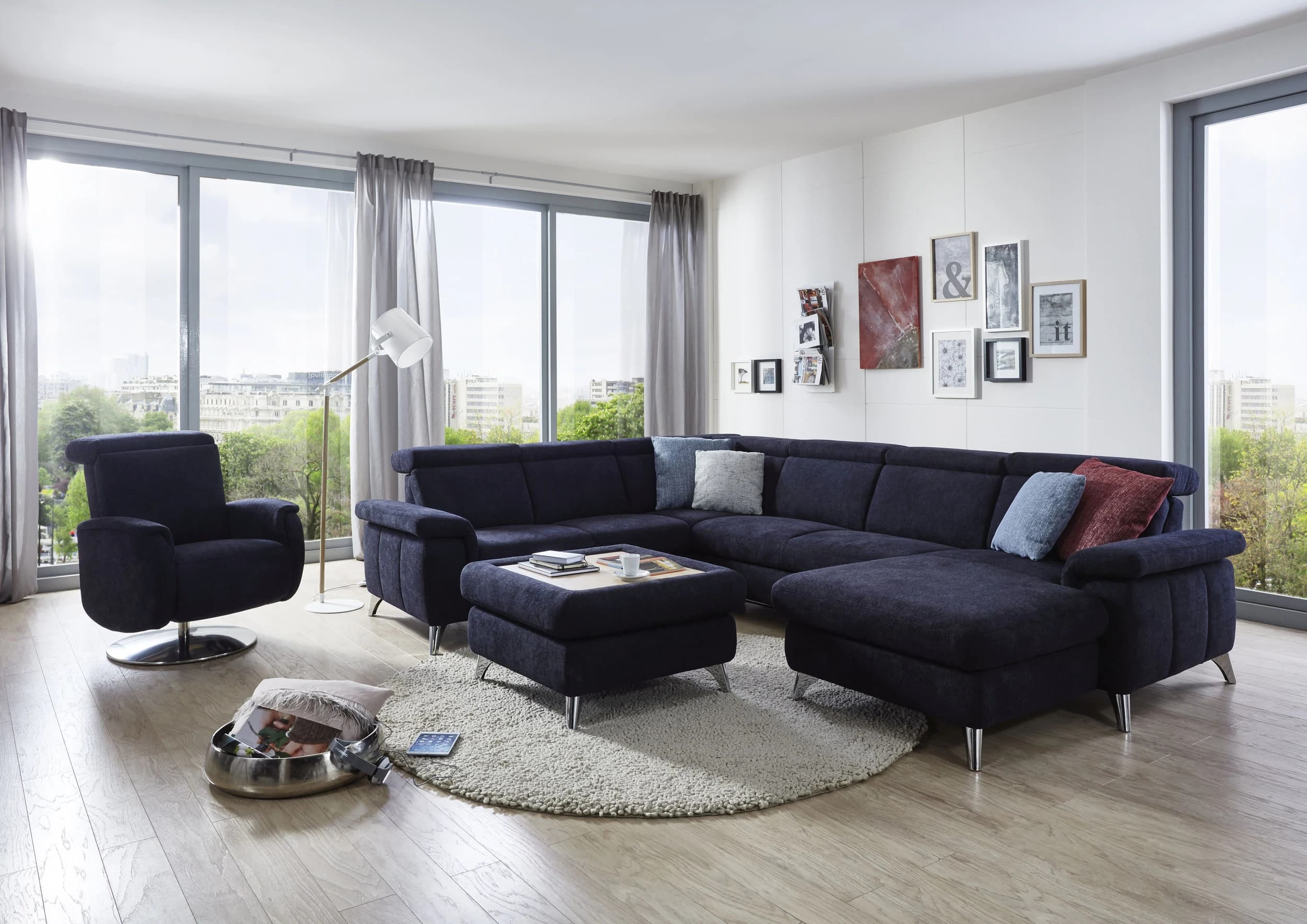 Wohnlandschaft - Ecke links mit 2-Sitzer und Longchair, Stoff, Dunkelblau