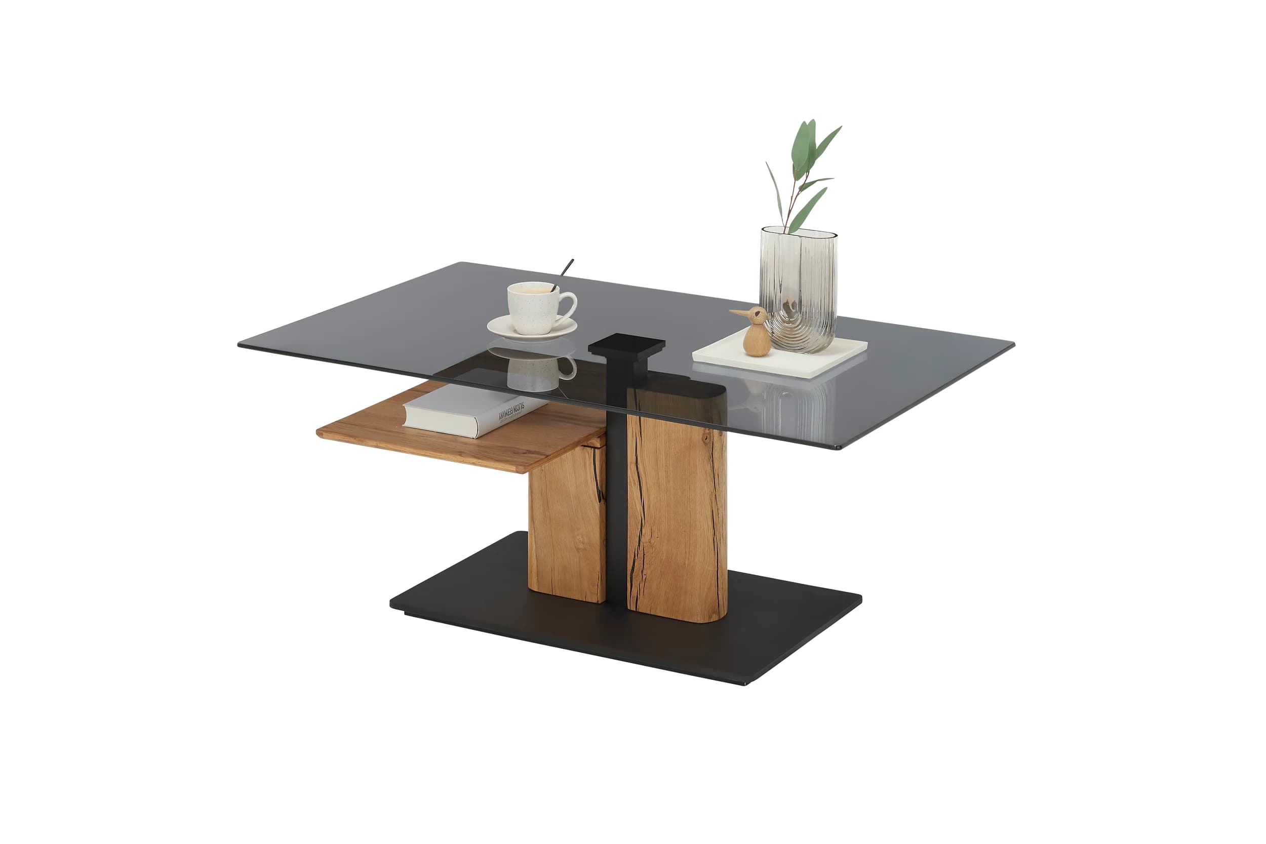 Couchtisch - höhenverstellbar, LBH ca. 105x65x45 cm, Glas grau, Eiche massiv