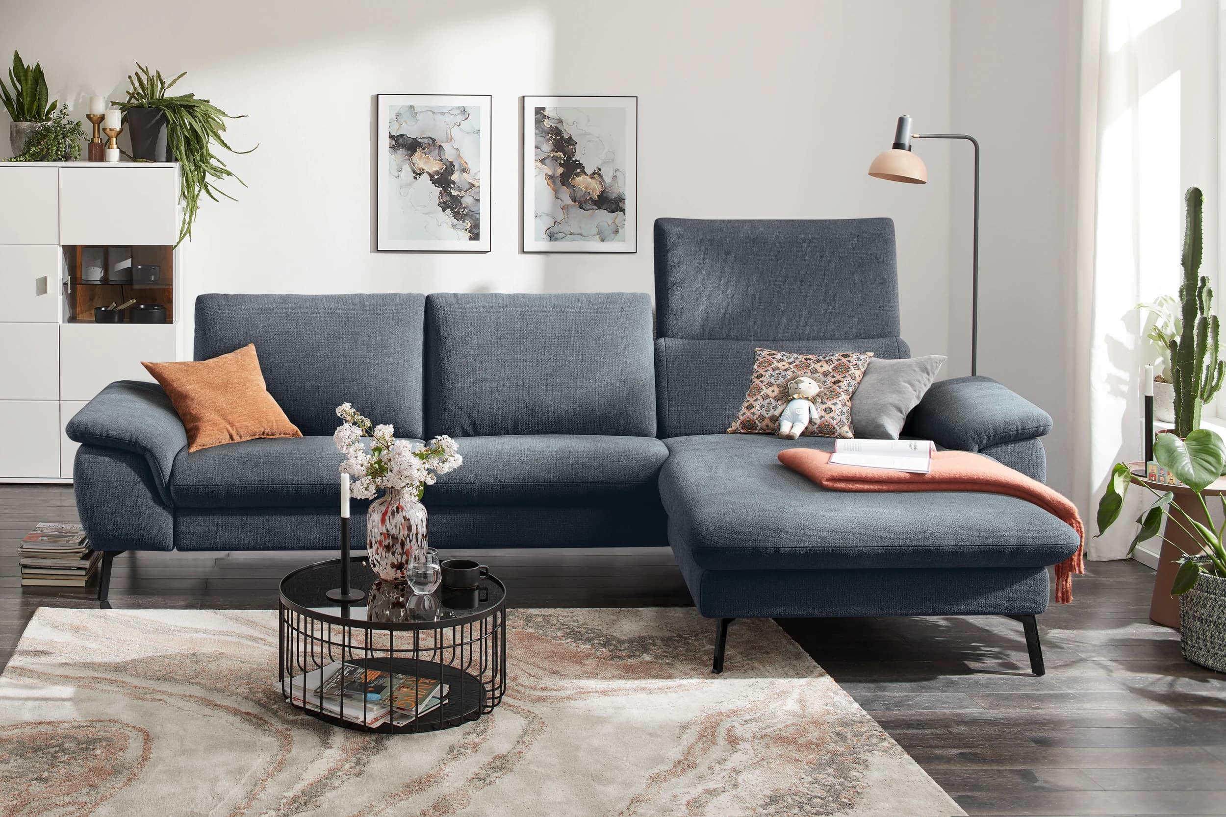 Ecksofa Gotera - 1,5-Sitzer med. + 1,5-Sitzer med. mit Longchair rechts inkl. Rückenlehne verstellbar, Stoff, Anthrazit